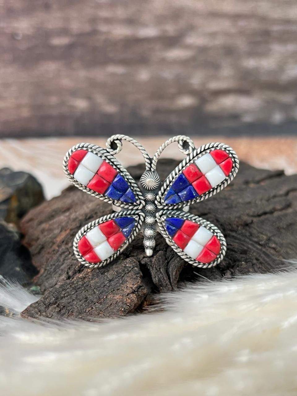 Handmade Sterling Silver 4th Of July Collection: Rosarita with Lapis and White Buffalo Butterfly Adjustable Ring "Signed Nizhoni"
