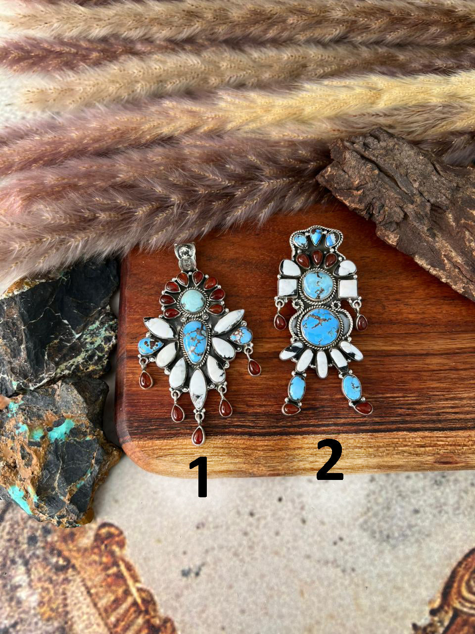Handmade Sterling Silver Canyon Sunset Collection: Golden Hills Turquoise with White Buffalo and Carnelian Pendant "Signed Nizhoni"