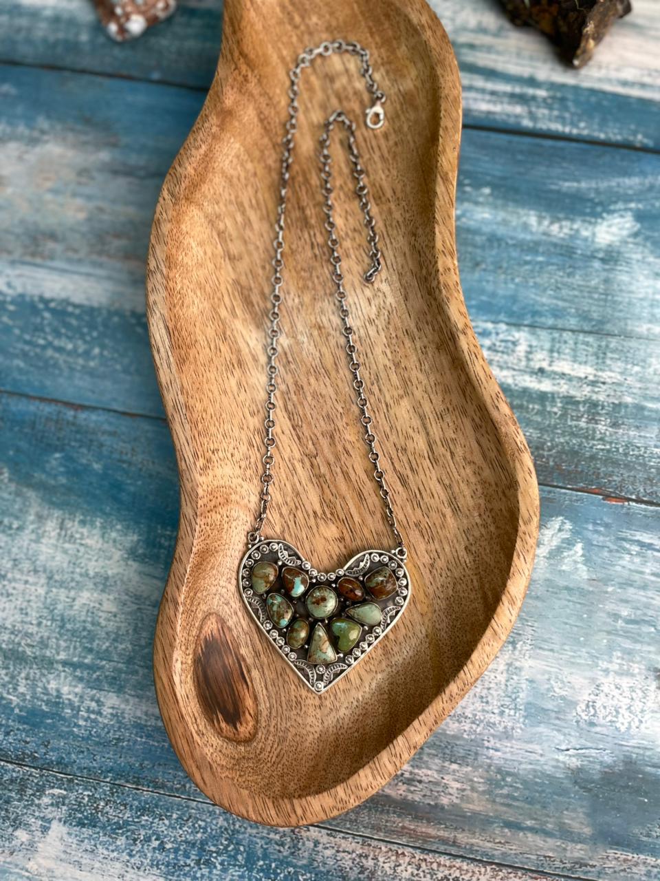 Handmade Sterling Silver Baja Turquoise Collection: Heart Necklace "Signed Nizhoni"