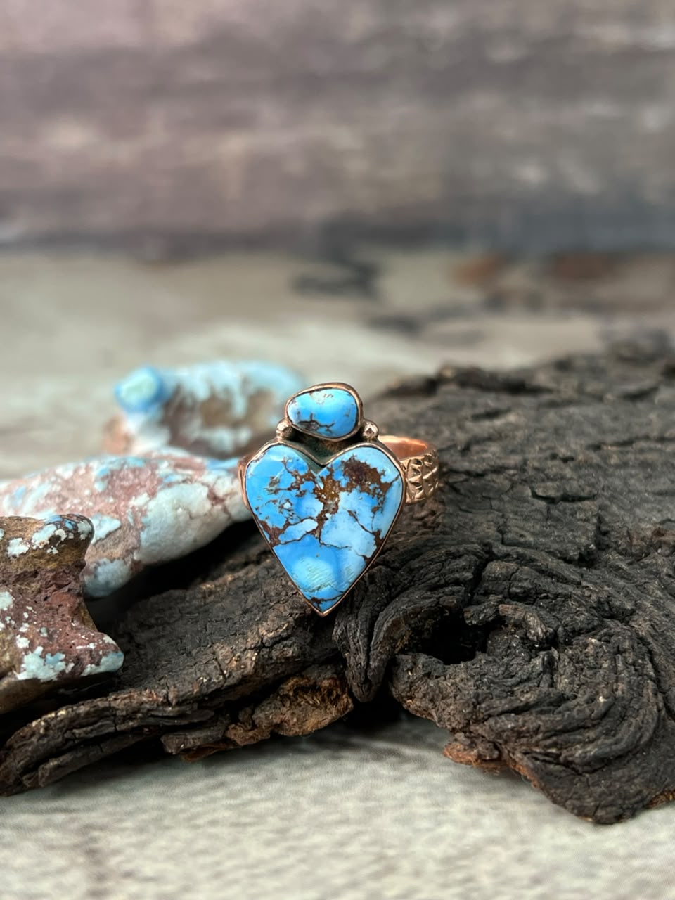 Handmade Golden Hills Turquoise Copper Collection: Heart Adjustable Ring Signed Nizhoni
