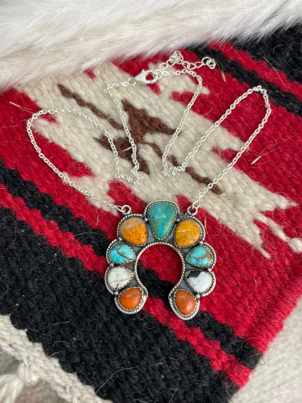 Handmade Sterling Silver Kingman Turquoise with Orange Mojave, White Buffalo, Mint Dahlia and Bumblebee Naja Necklace "Signed Nizhoni"