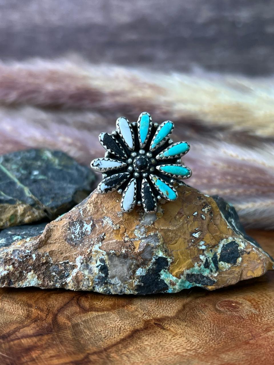 Handmade Sterling Silver Kingman Turquoise with White Buffalo Adjustable Ring "Signed Nizhoni"