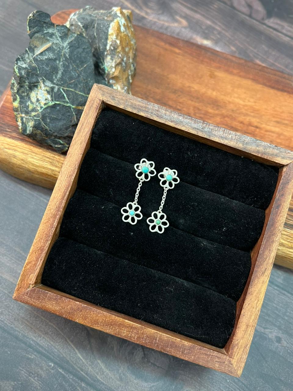 Handmade Sterling Silver Flower Collection: Kingman Turquoise Post Dangle Earrings (7)