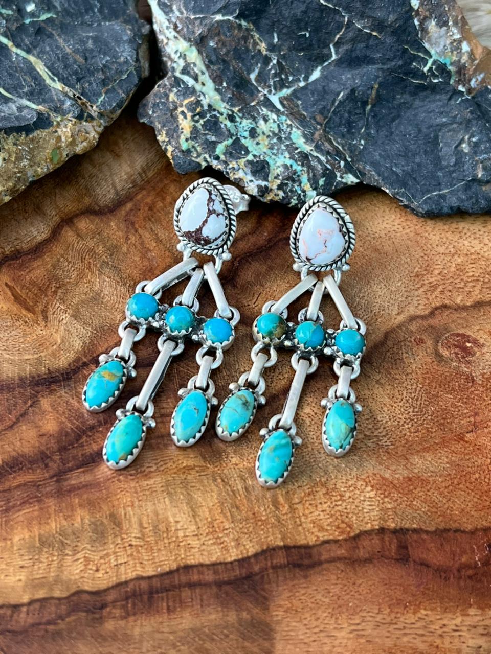 Handmade Sterling Silver Kingman Turquoise with Wildhorse Magnesite Post Dangle Earrings "Signed Nizhoni"