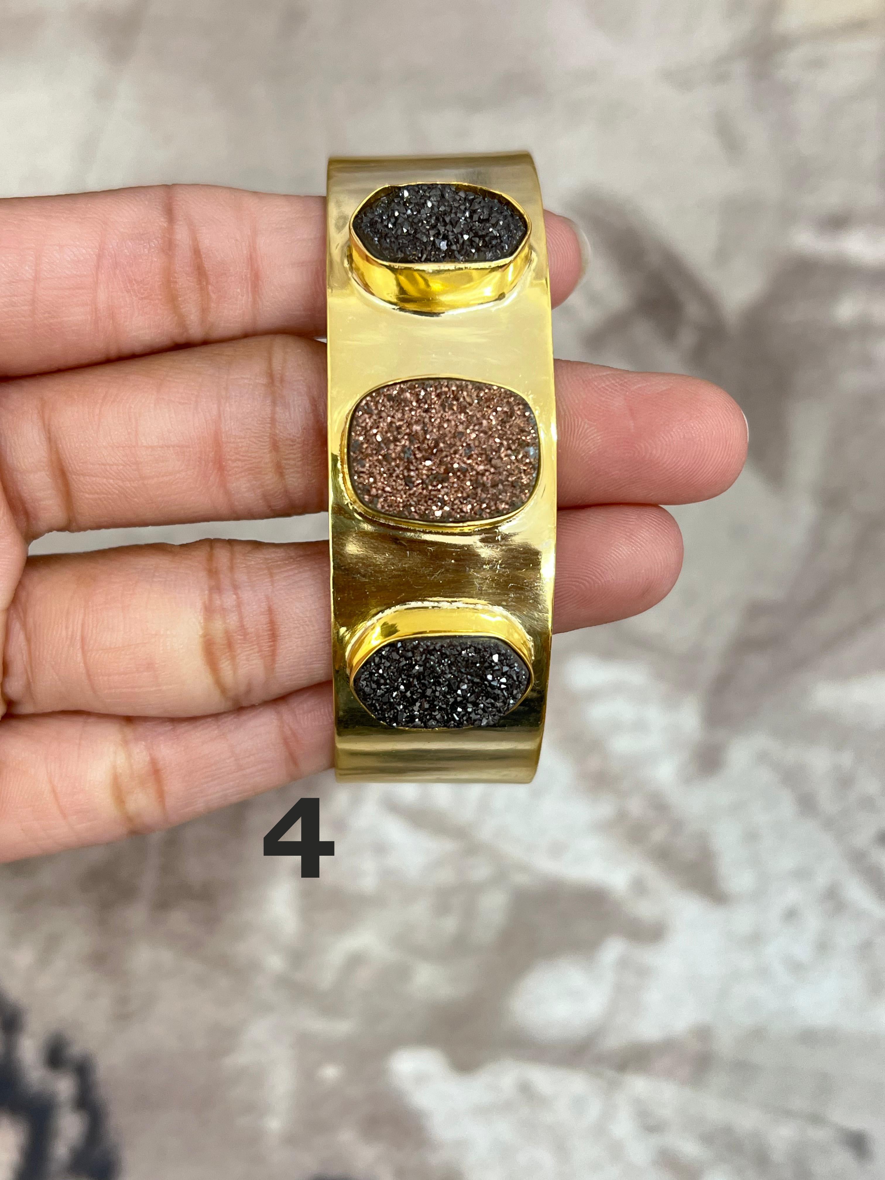 “The Boho Collection” Handmade Natural Gold Plated 3 Stone Druzy Wide Cuff Bracelet