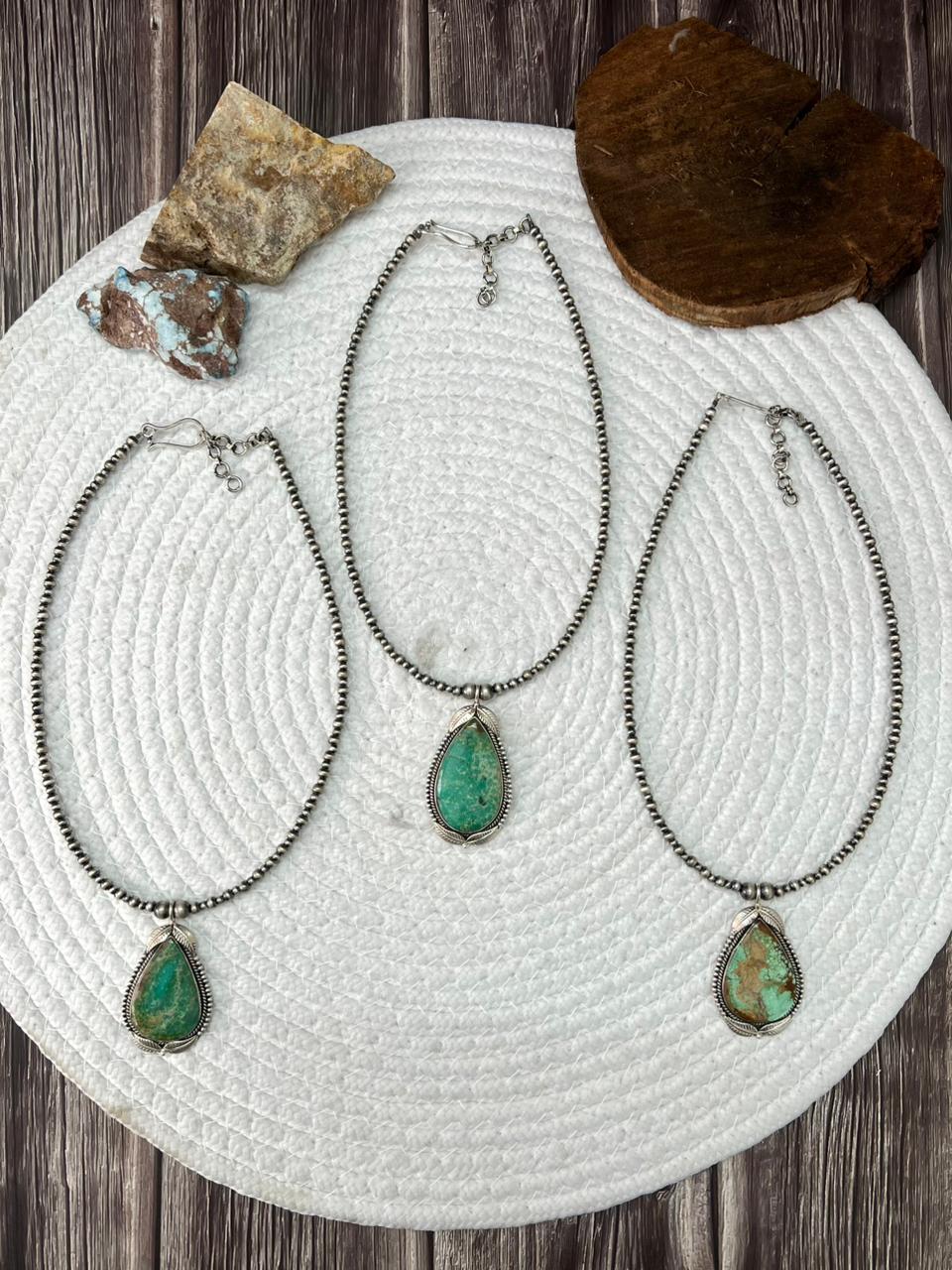 Handmade Sterling Silver Beaded Mantis Turquoise Necklace "Signed  Nizhoni"