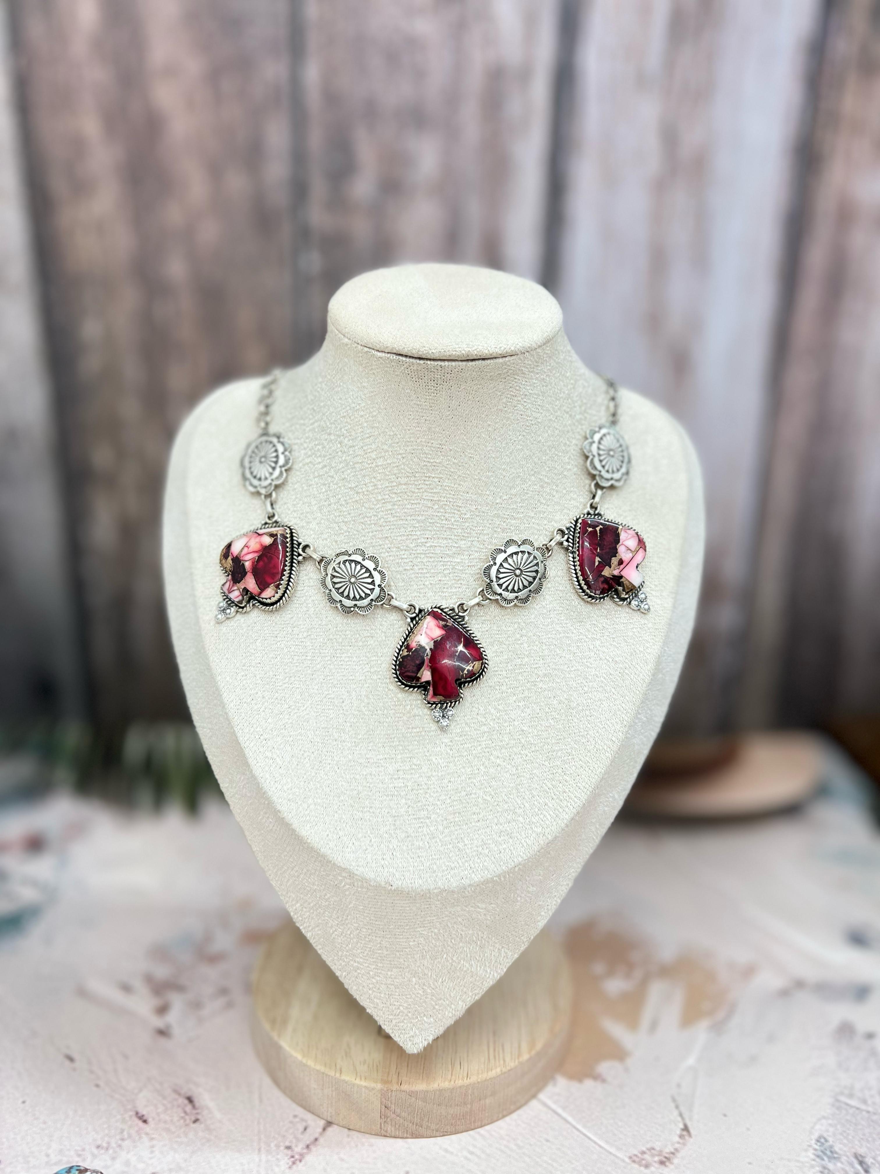 Handmade Sterling Silver White Buffalo, Royston Turquoise, Dahlia Rose Necklace, Signed Nizhoni