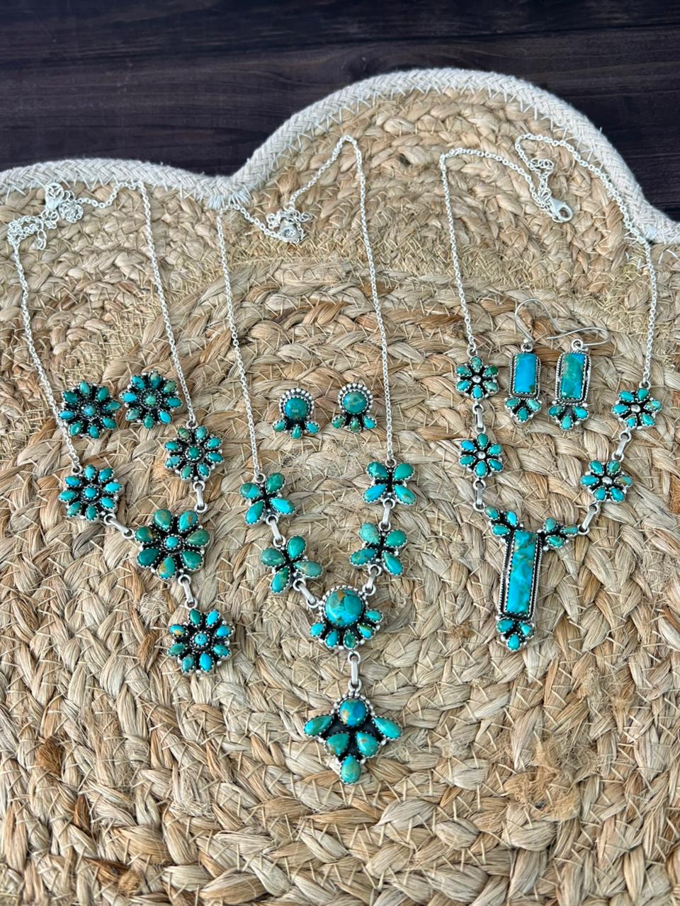 Handmade Sterling Silver Kingman Turquoise Necklace Earrings Set "Signed Nizhoni"