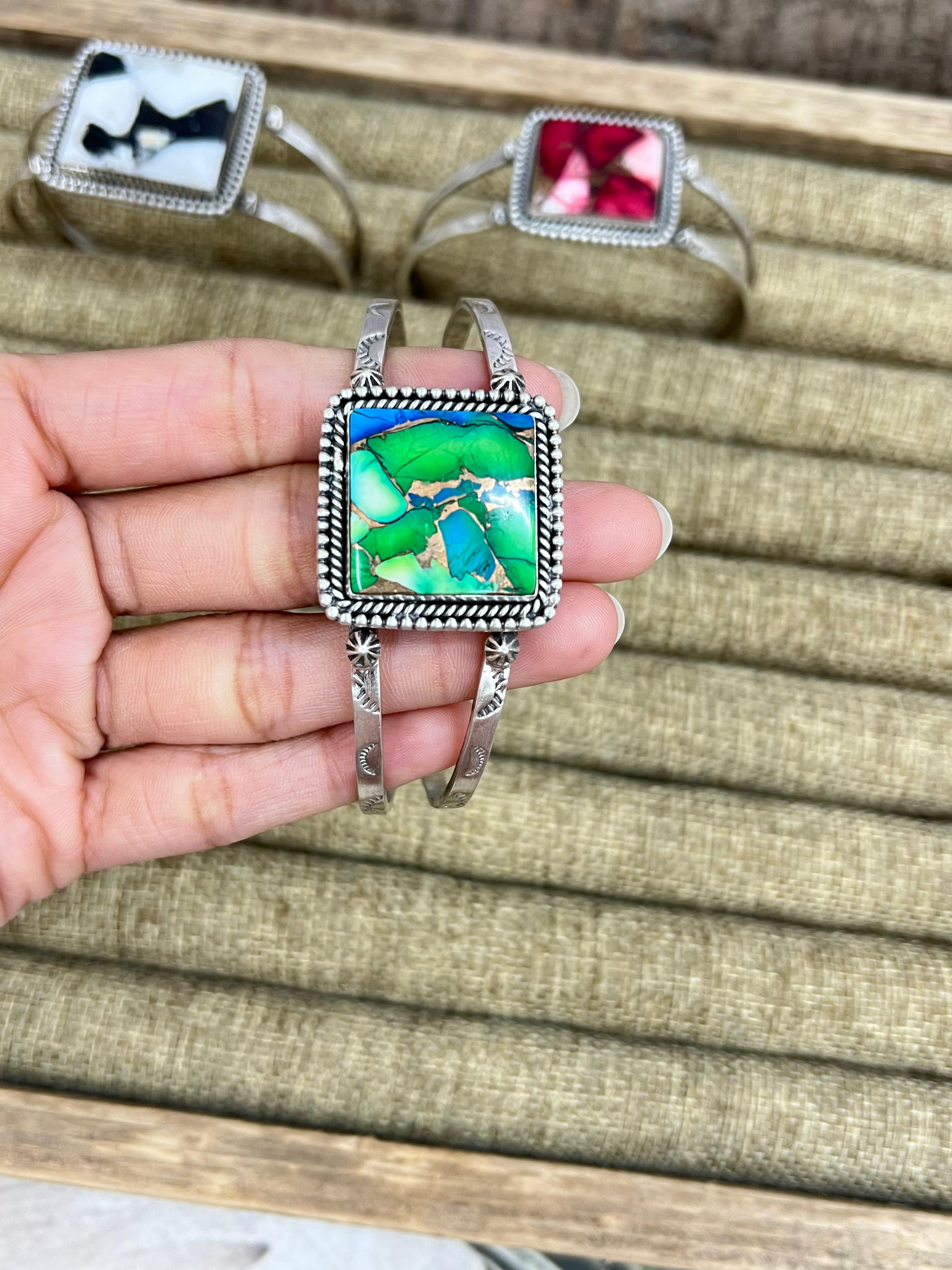 Handmade Sterling Silver Multi Stone Cuff Bracelet with Signed Nizhoni (1)