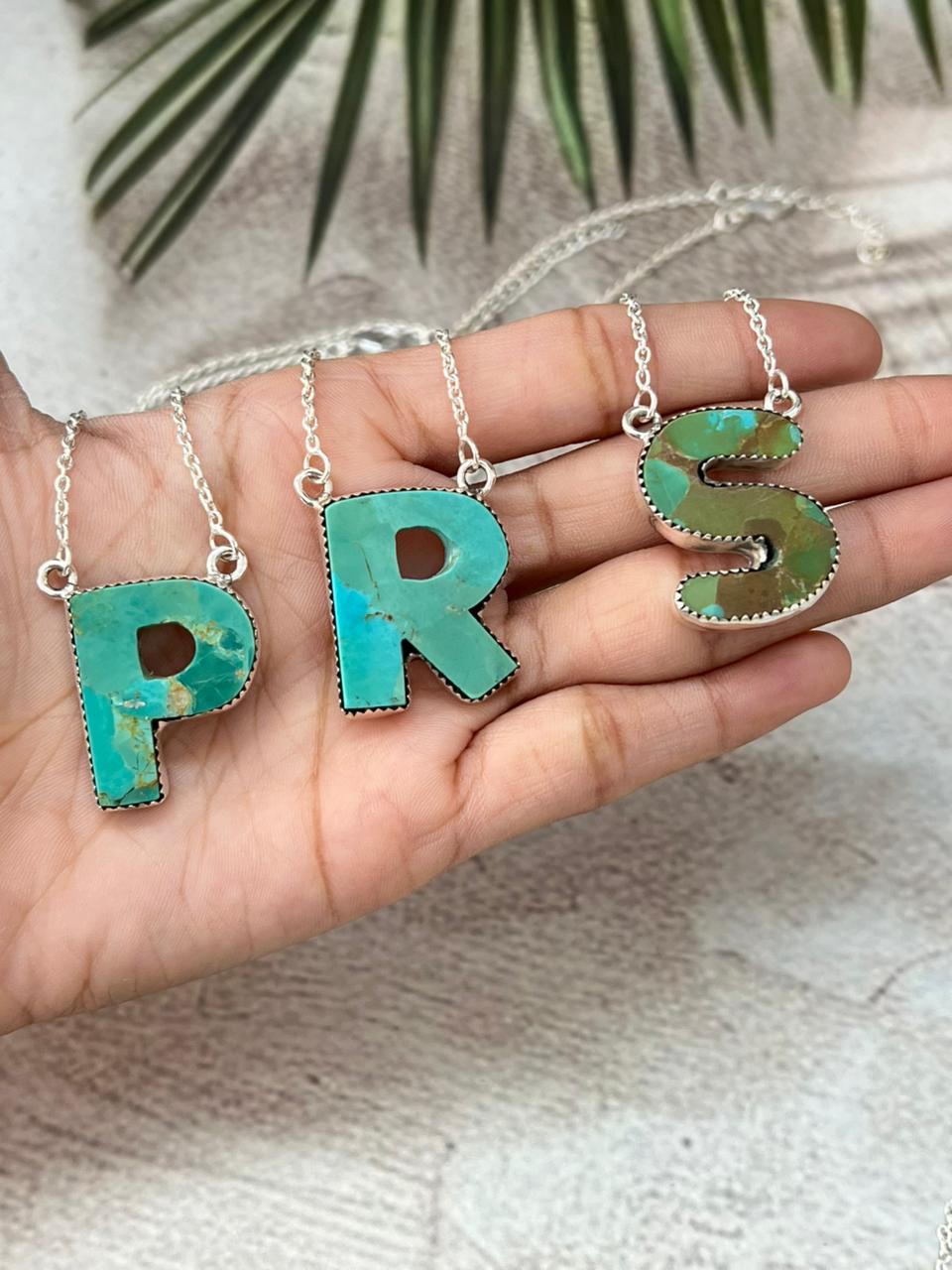 Handmade Sterling Silver Kingman Turquoise Multiple Letters Necklace with Signed Nizhoni