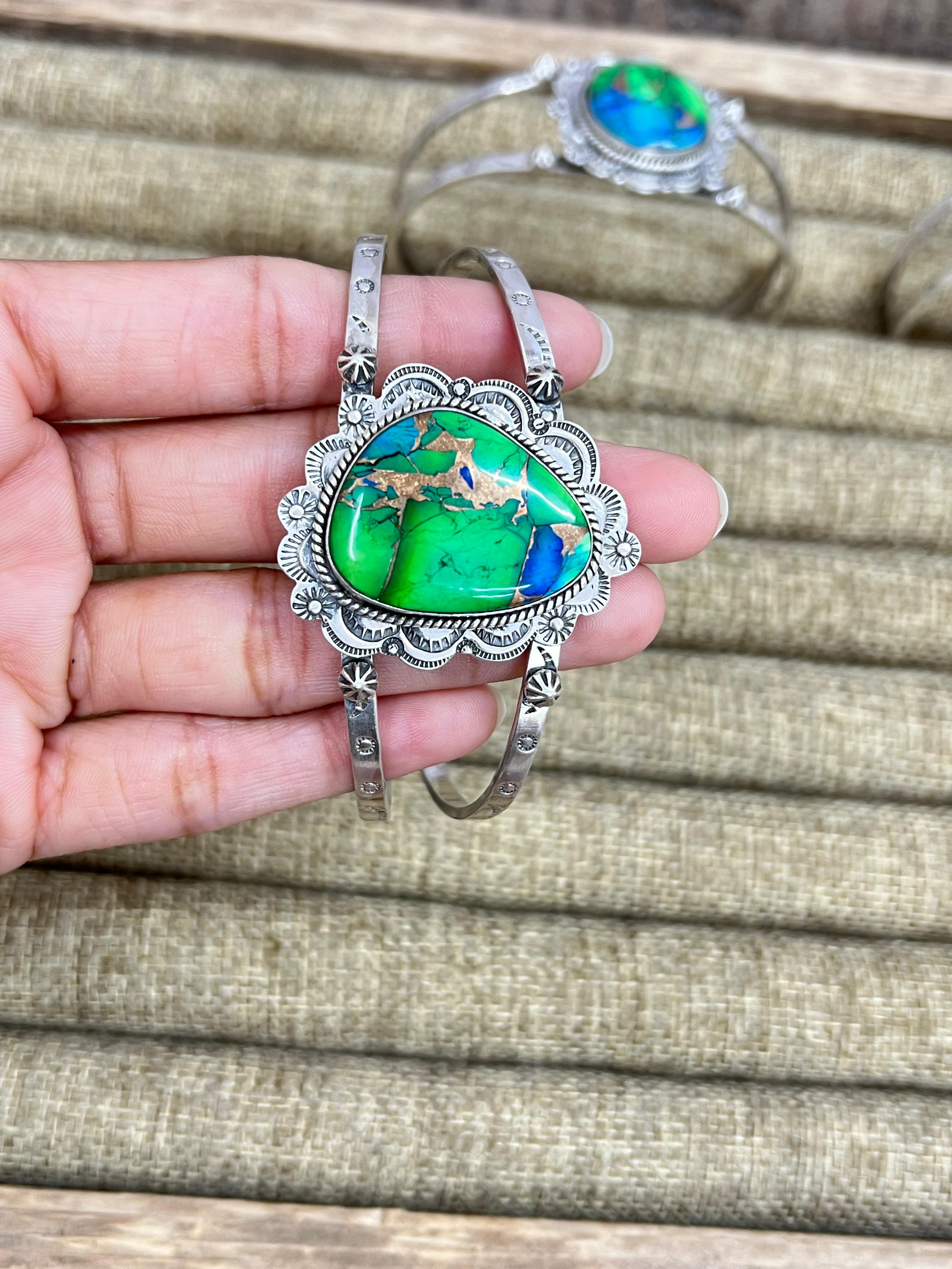 Handmade Sterling Silver Peacock Dahlia Cuff Bracelet with Signed Nizhoni