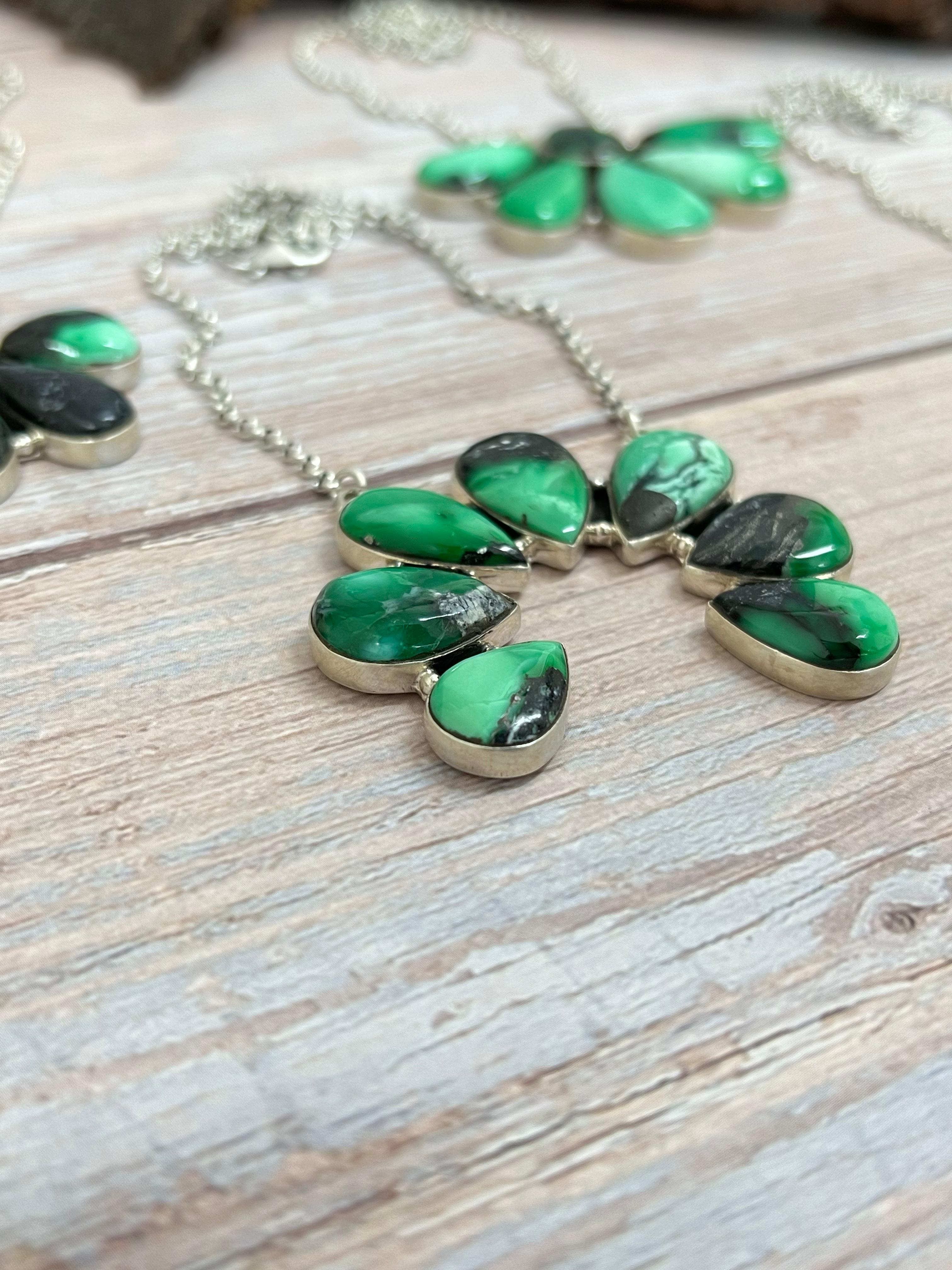 Handmade Sterling Silver Emerald Rose Necklace with Signed Nizhoni