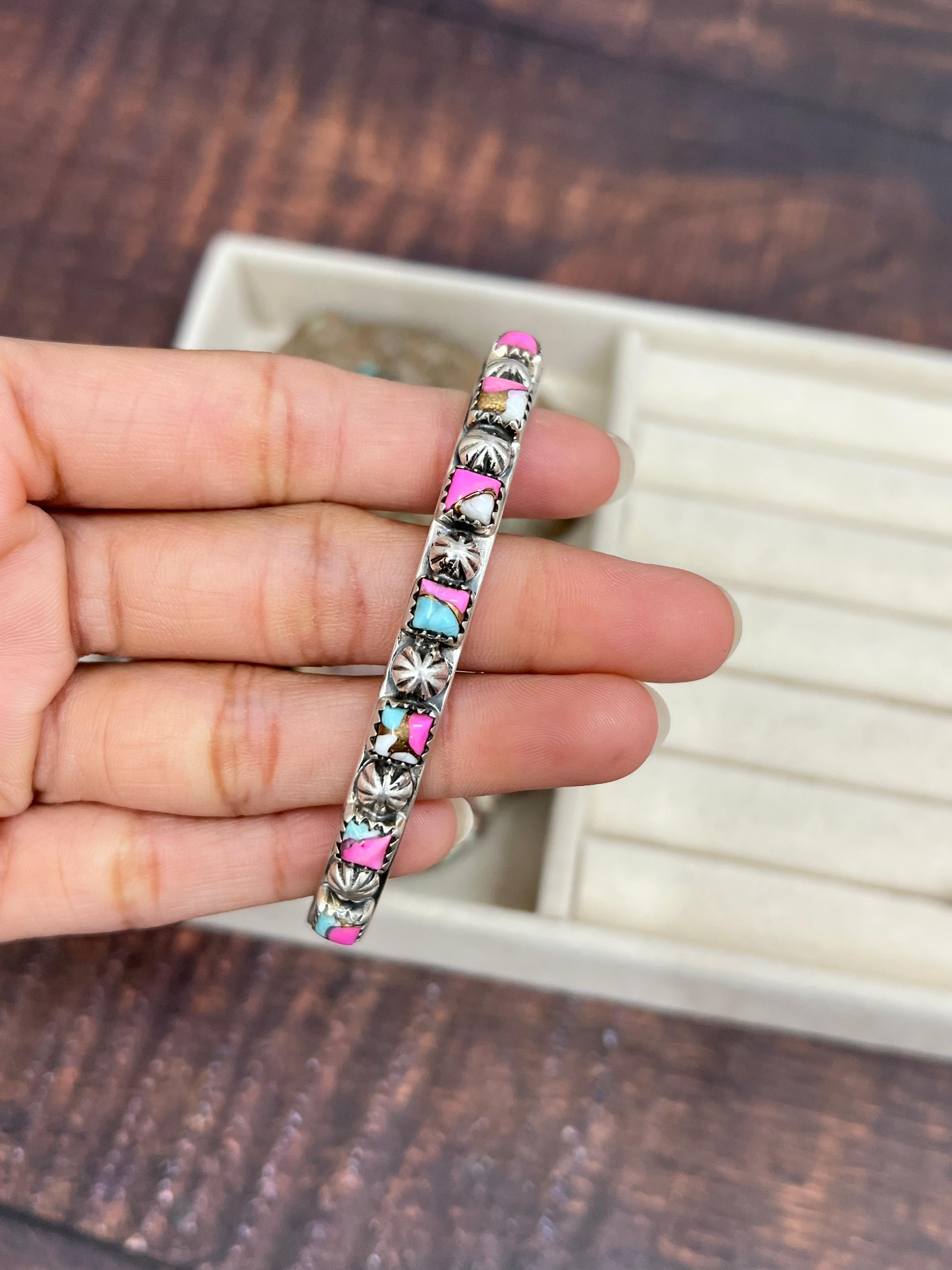 Handmade Sterling Silver Multi Gemstone Cuff Bracelet with Signed Nizhoni