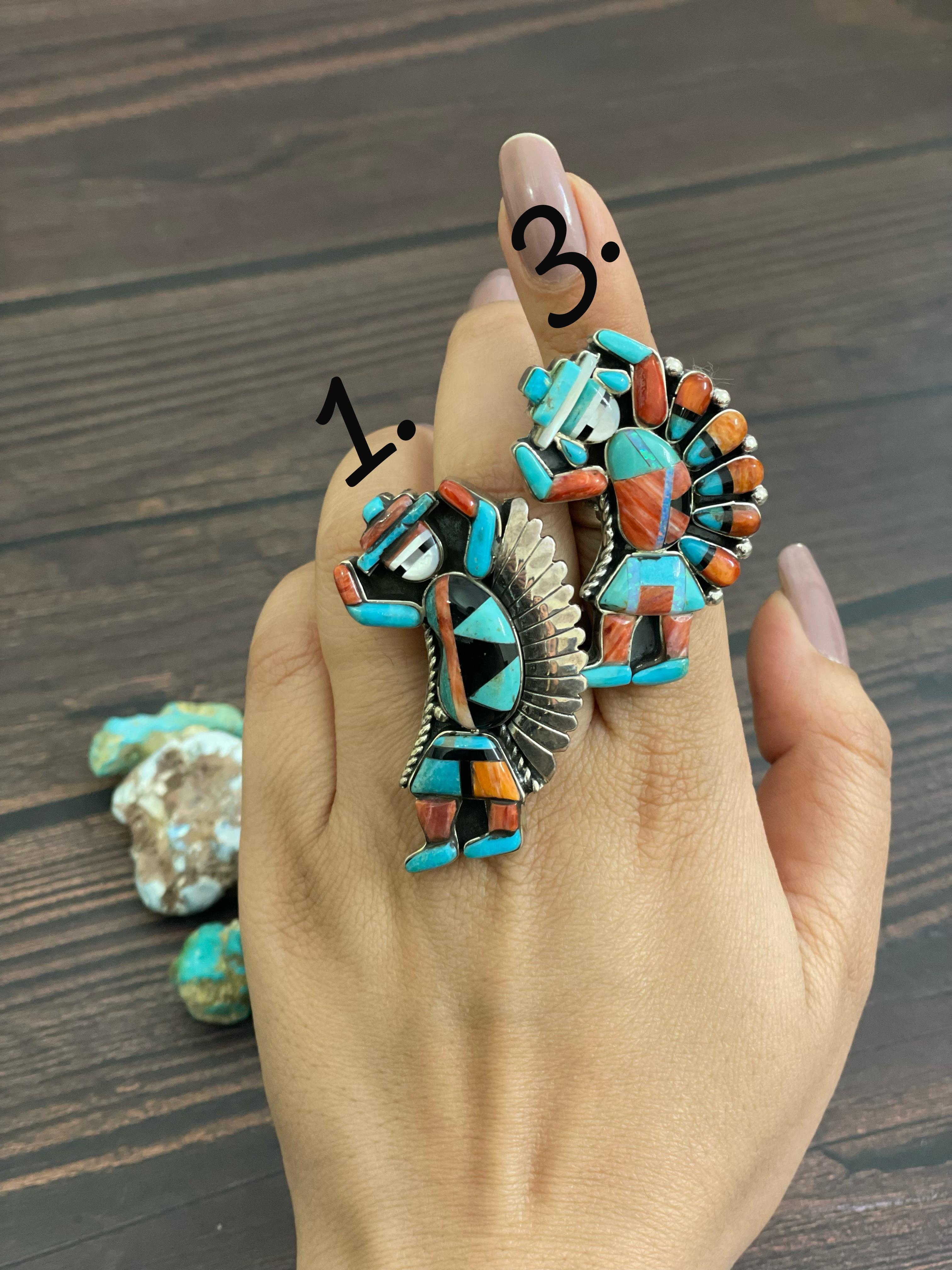 Handmade Sterling Silver Kachina Turquoise Ring with Signed Nizhoni (1)
