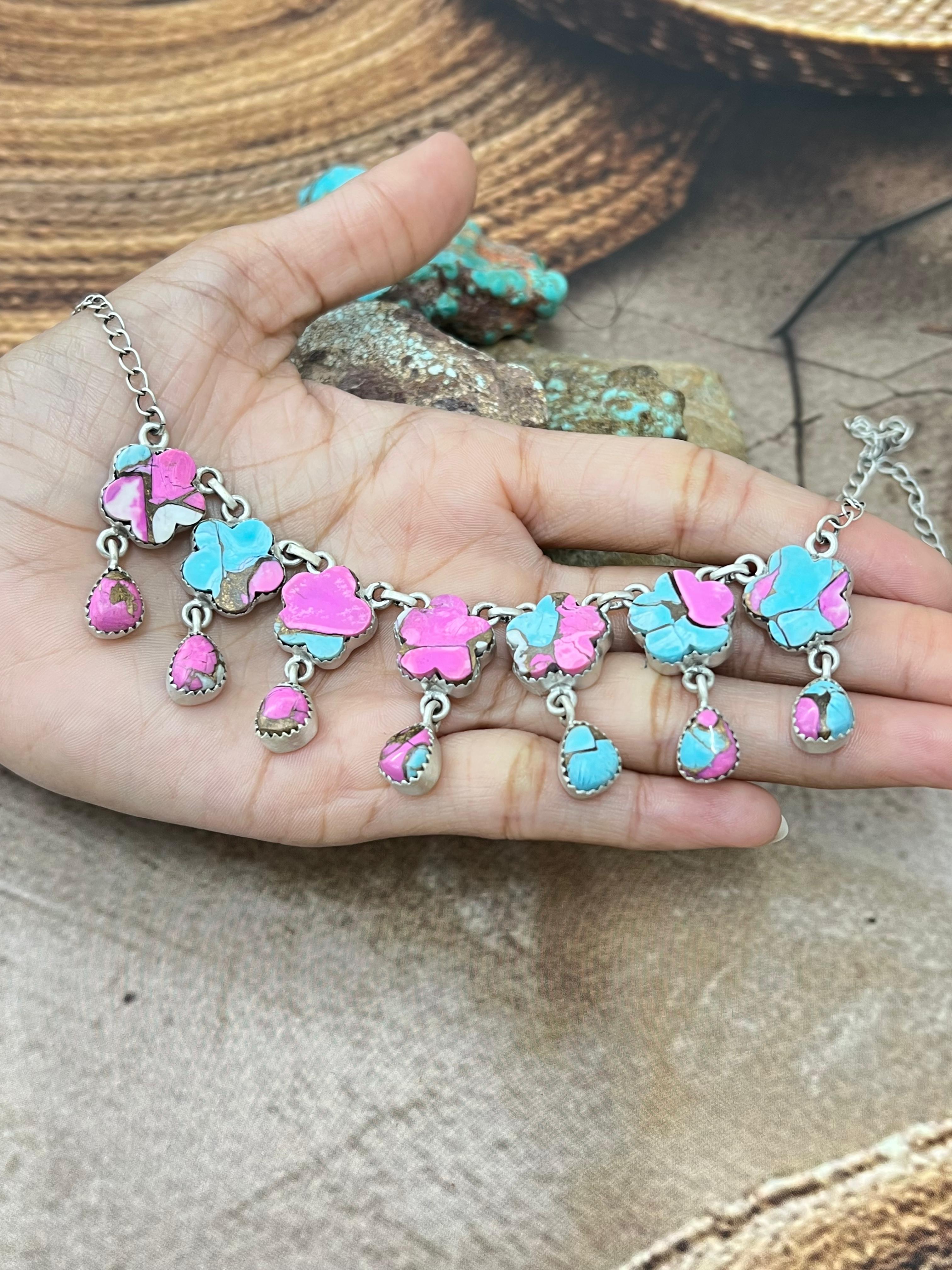 Handmade Sterling Silver Multi Stone Necklace with Signed Nizhoni