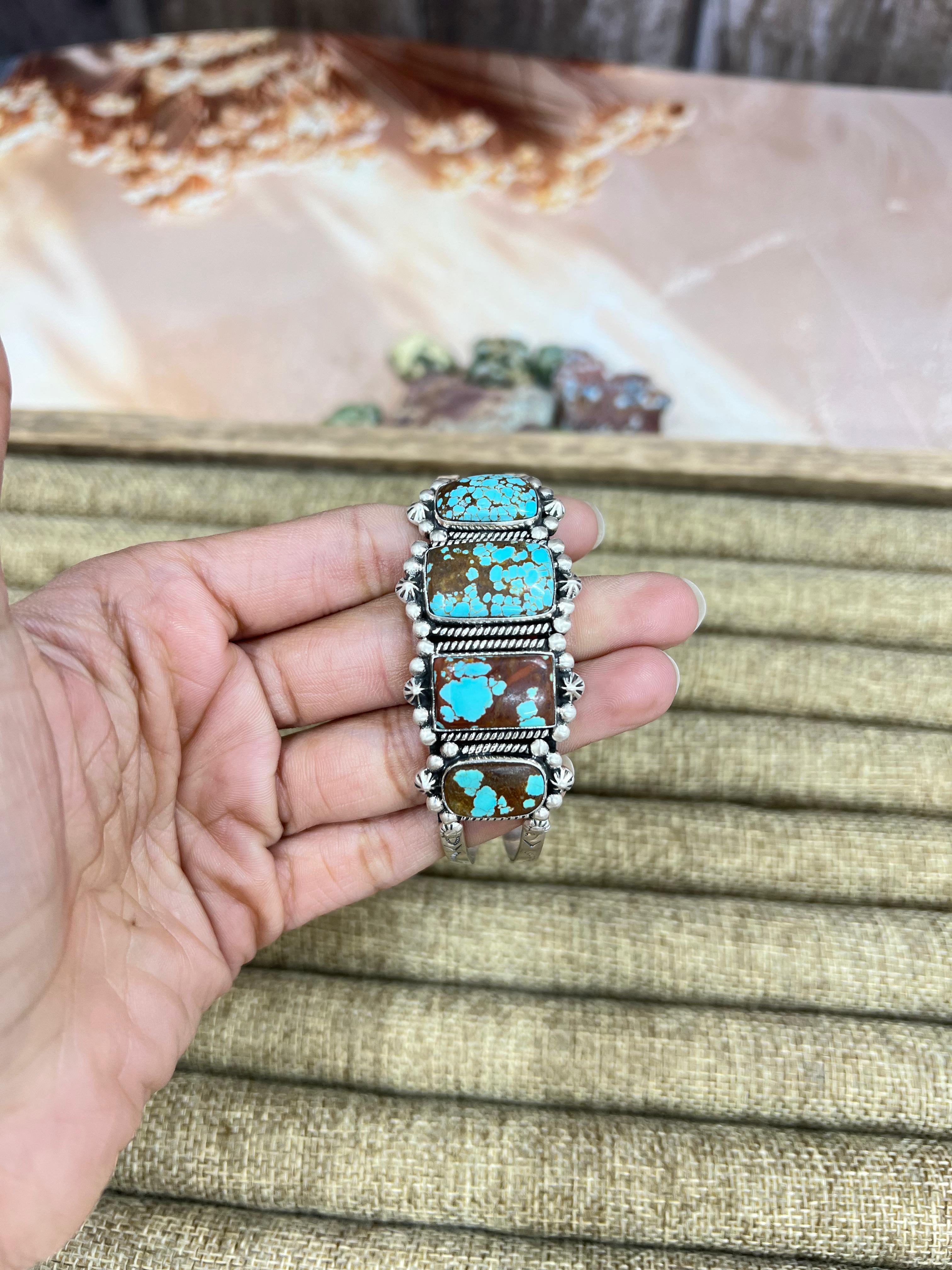 Handmade Sterling Silver Number 8 Turquoise Cuff Bracelet with Signed Nizhoni