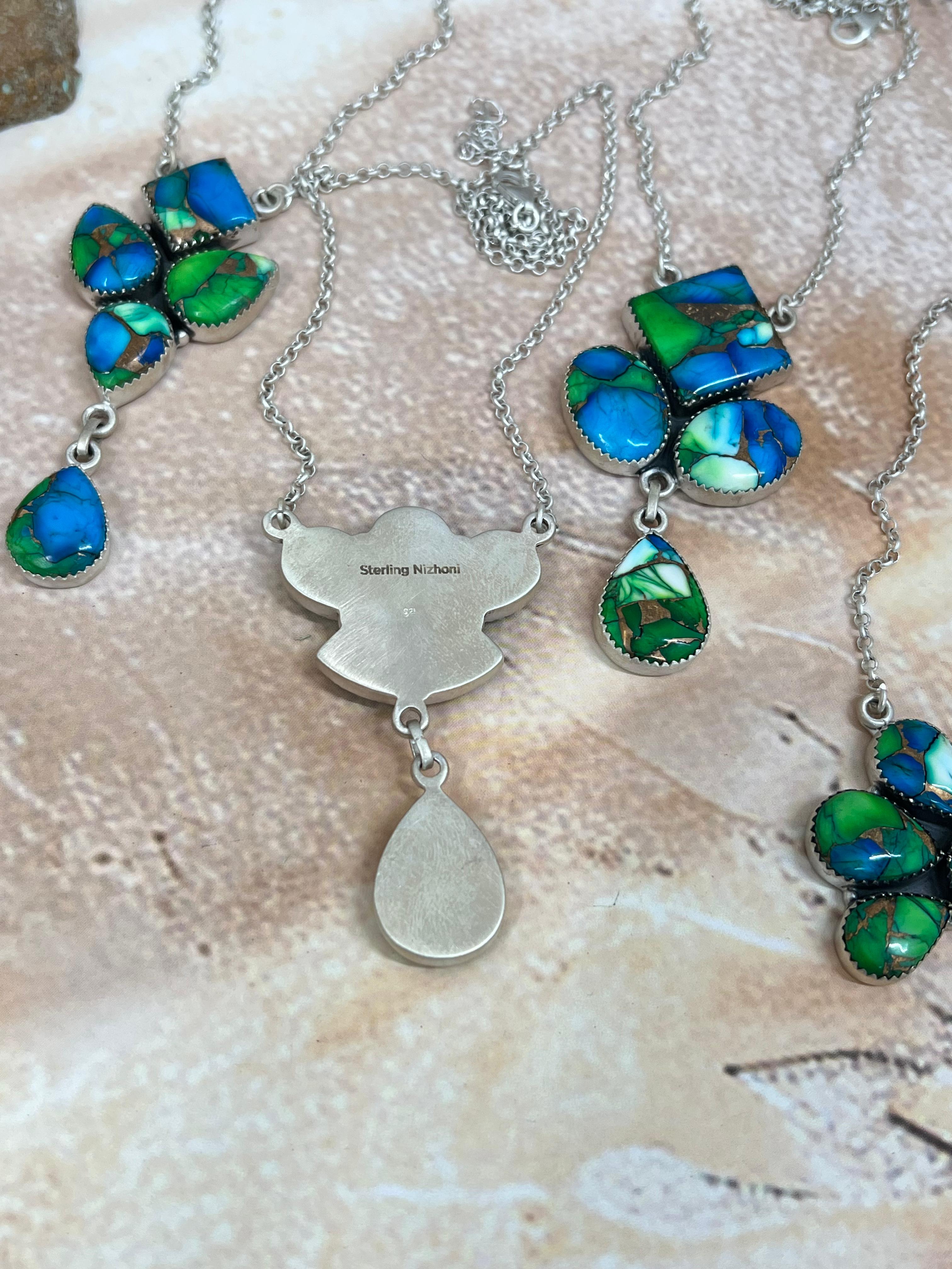 Handmade Sterling Silver Peacock Dahlia Necklace with Signed Nizhoni