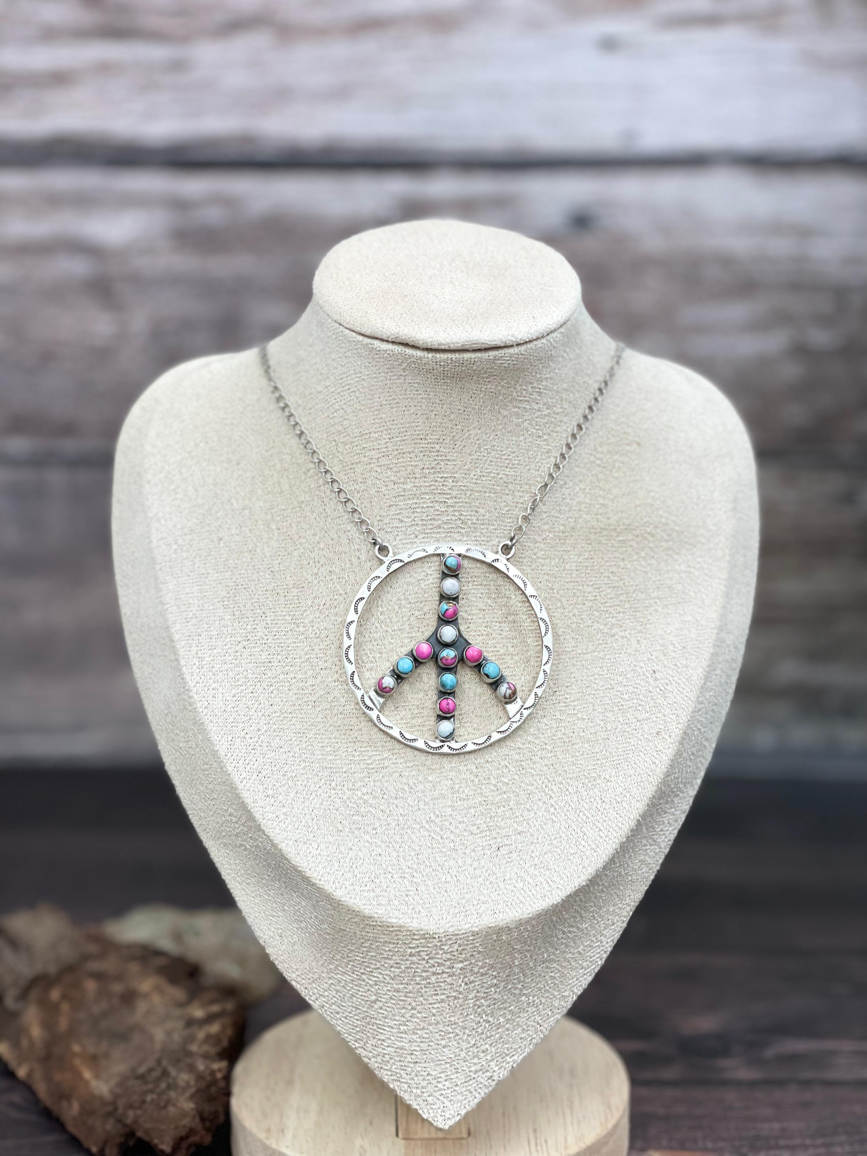Handmade Sterling Silver Multi Stone PEACE Necklace Signed Nizhoni
