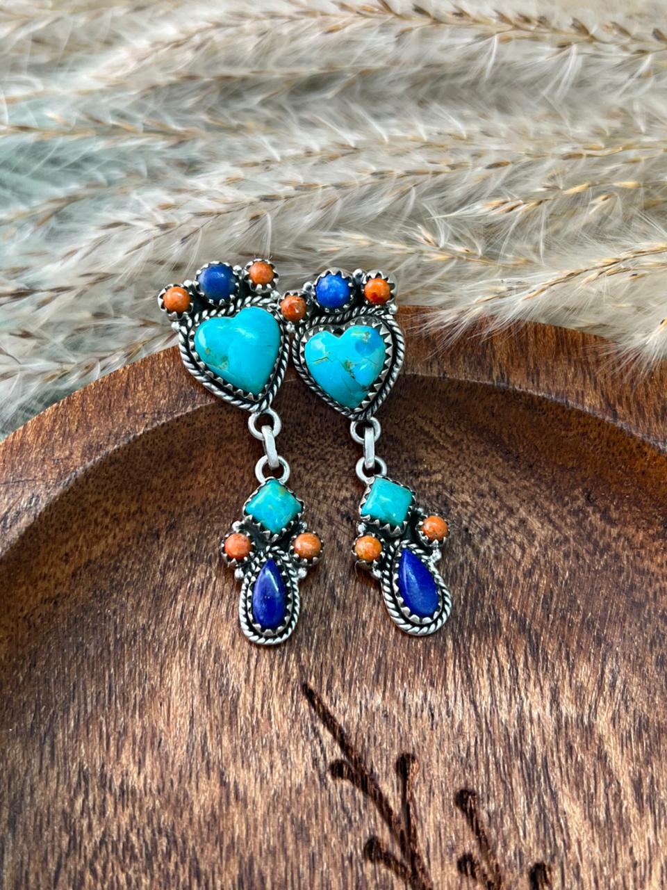 Handmade Sterling Silver Kingman Turquoise with Lapis and Coral Post Dangle Earrings "Signed Nizhoni"