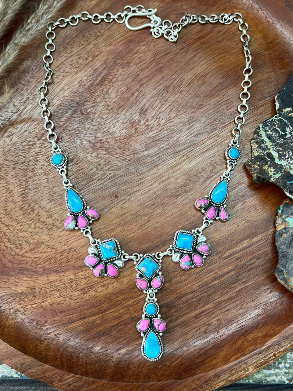 Handmade Sterling Silver Sierra Bella Turquoise with Cotton Candy Necklace "Signed Nizhoni"