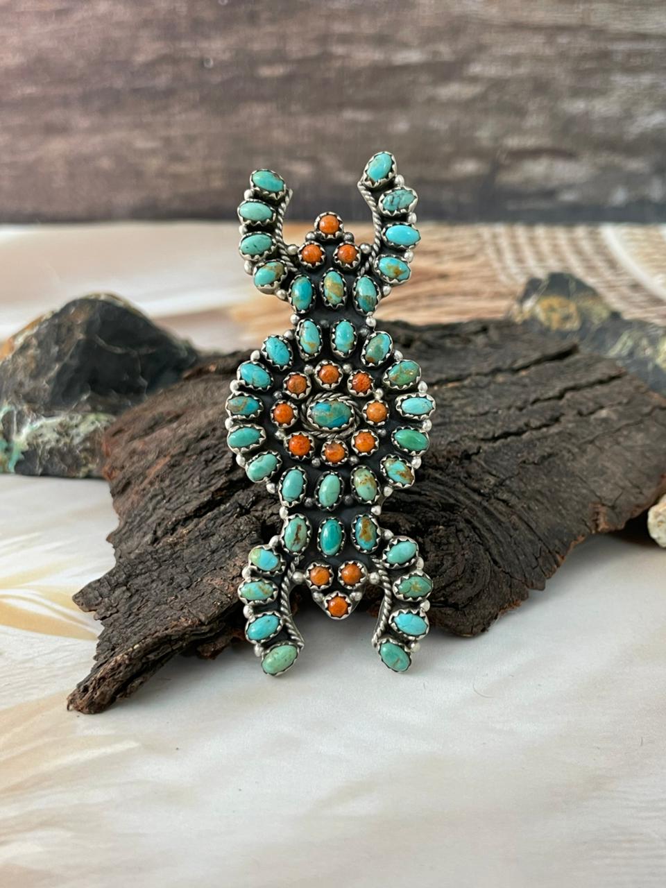 Handmade Sterling Silver Kingman Turquoise with Orange Mojave Adjustable Ring "Signed Nizhoni"