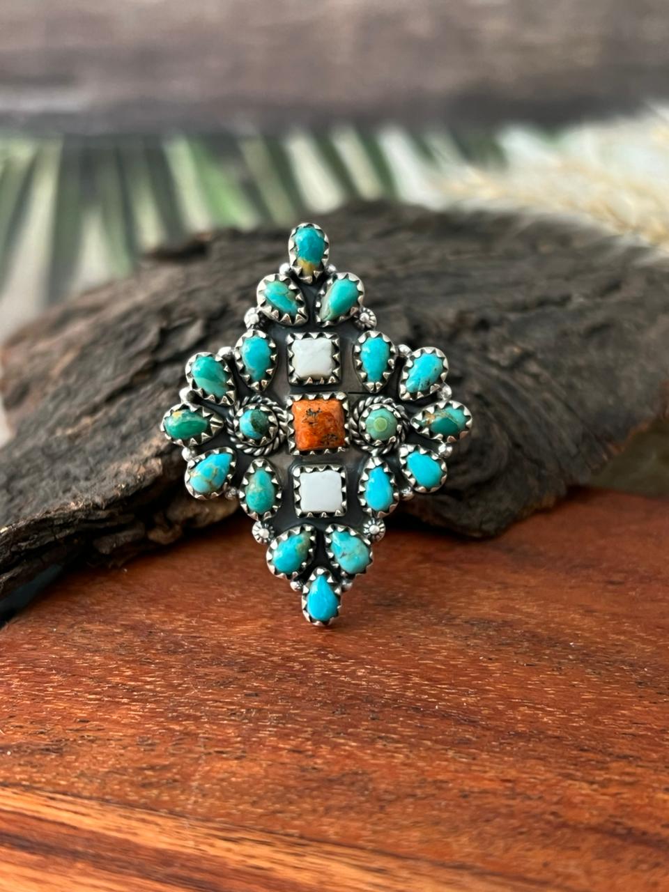 Handmade Sterling Silver Kingman with Orange Mojave and White Buffalo Adjustable Ring "Signed Nizhoni"