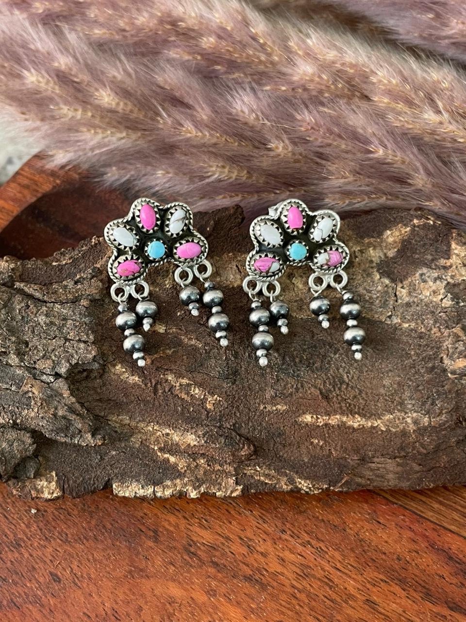 Handmade Sterling Silver Cotton Candy Post Dangle Beaded Earrings "Signed Nizhoni"