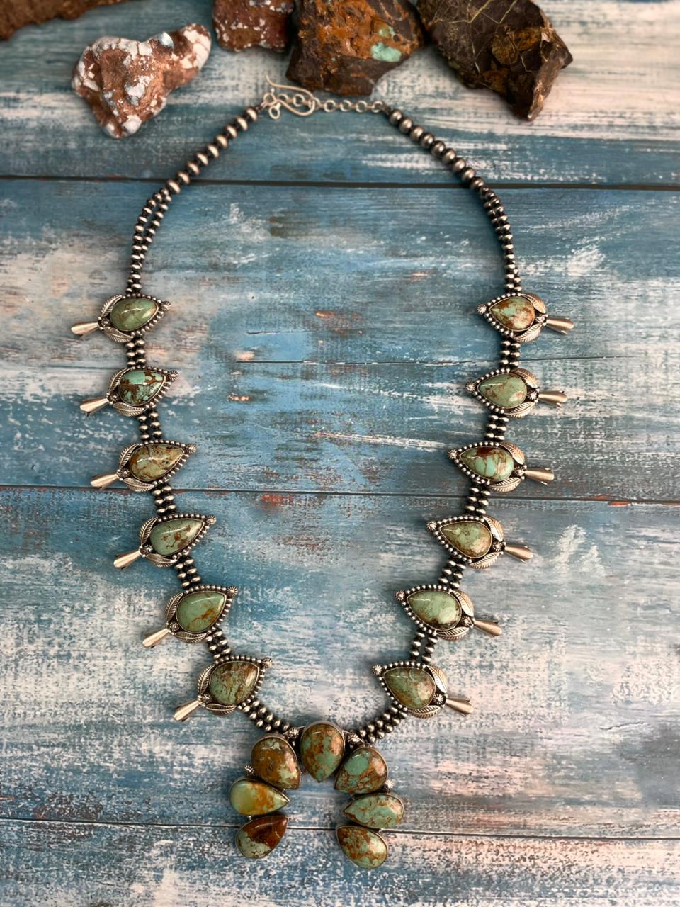Handmade Sterling Silver Baja Turquoise Collection: Beaded Naja Squash Blossom Necklace "Signed Nizhoni"