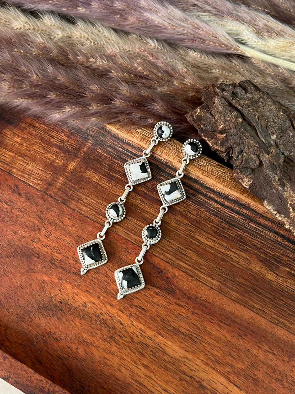 Handmade Sterling Silver White Buffalo Post Dangle Earrings "Signed Nizhoni"