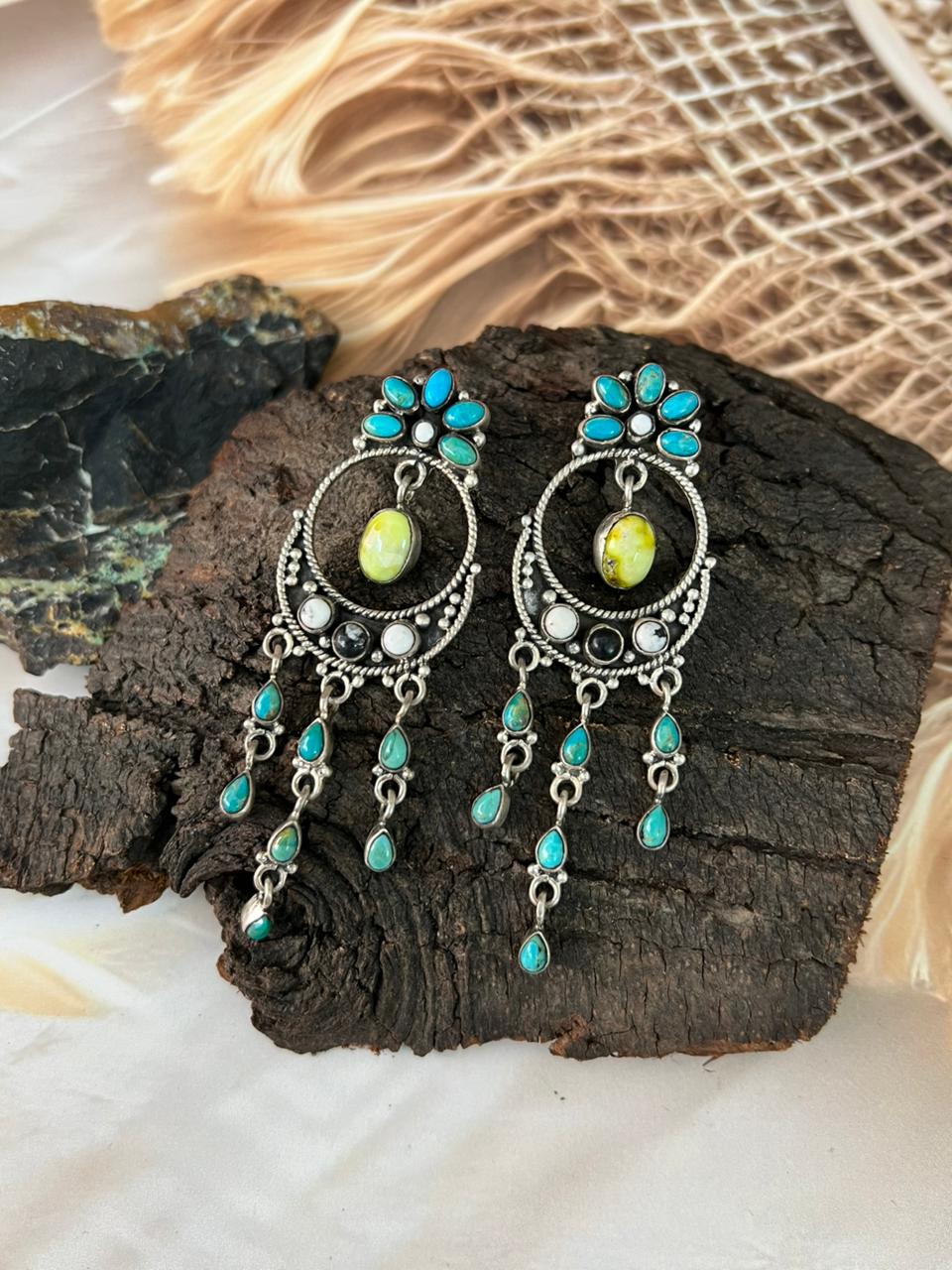 Handmade Sterling Silver Palomino with Kingman Turquoise and White Buffalo Post Dangle Earrings "Signed Nizhoni"