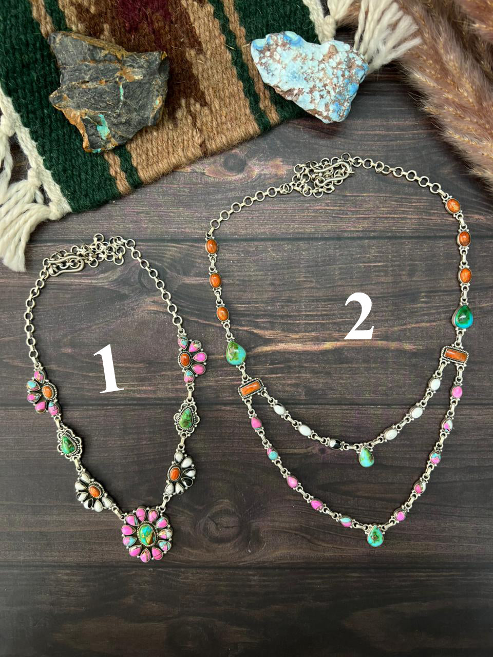 Handmade Sterling Silver Spring Collection: Sonoran Mountain with Orange Mojave, Cotton Candy and White Buffalo Necklace "Signed Nizhoni"