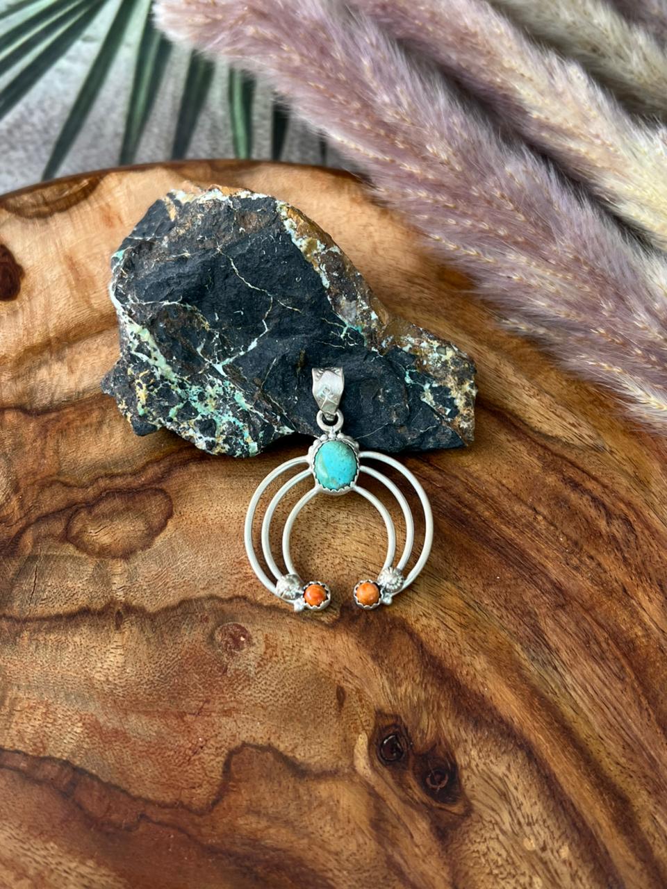Handmade Sterling Silver Kingman Turquoise with Orange Mojave Pendant "Signed Nizhoni"