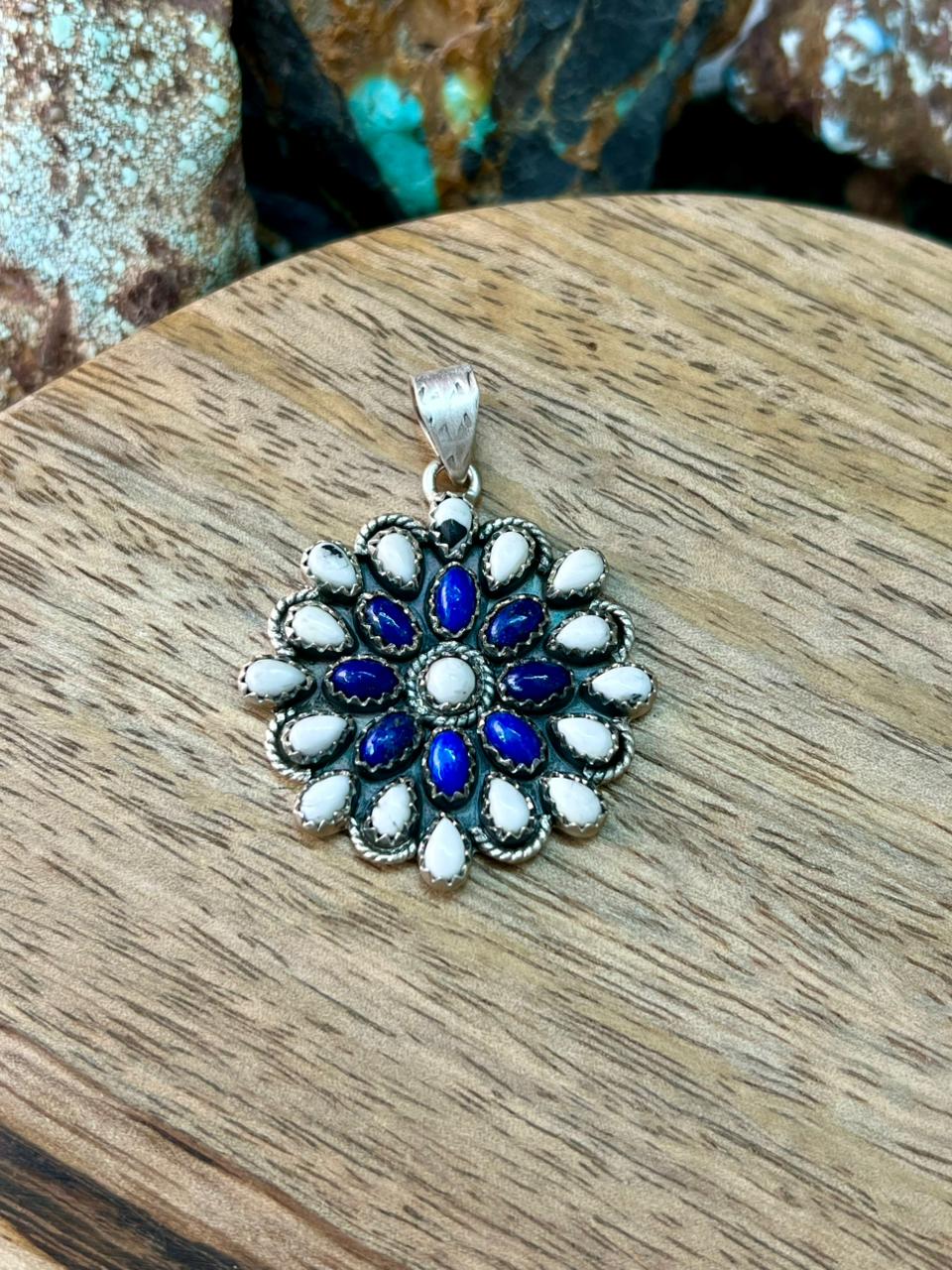 Handmade Sterling Silver White Buffalo with Lapis Pendant "Signed Nizhoni"