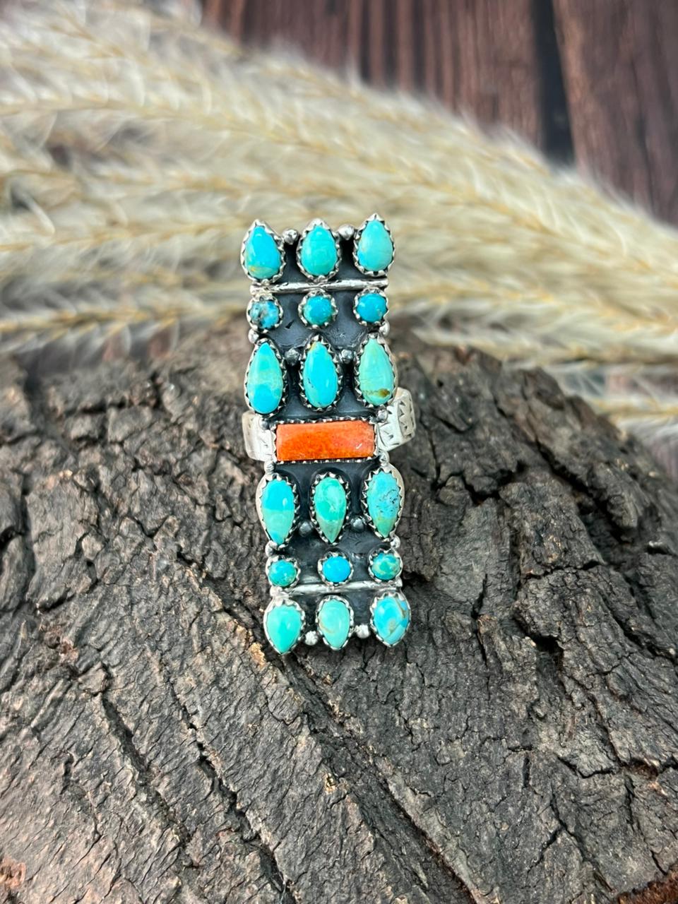 Handmade Sterling Silver Kingman Turquoise with Orange Mojave Adjustable Ring "Signed Nizhoni"