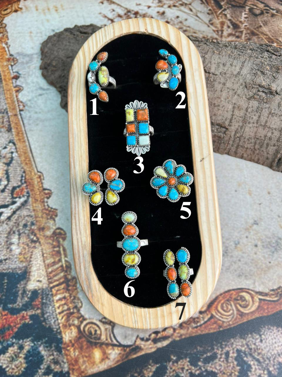 Handmade Sterling Silver Multi Stone Collection: Palomino with Orange Mojave, Wildhorse Magnesite and Arizona Blue Turquoise Adjustable Ring "Signed Nizhoni"