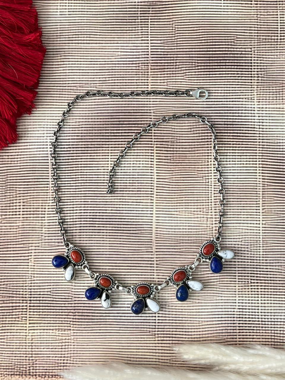 Handmade Sterling Silver 4th Of July Collection: Coral with Lapis and White Buffalo Choker Necklace "Signed Nizhoni"