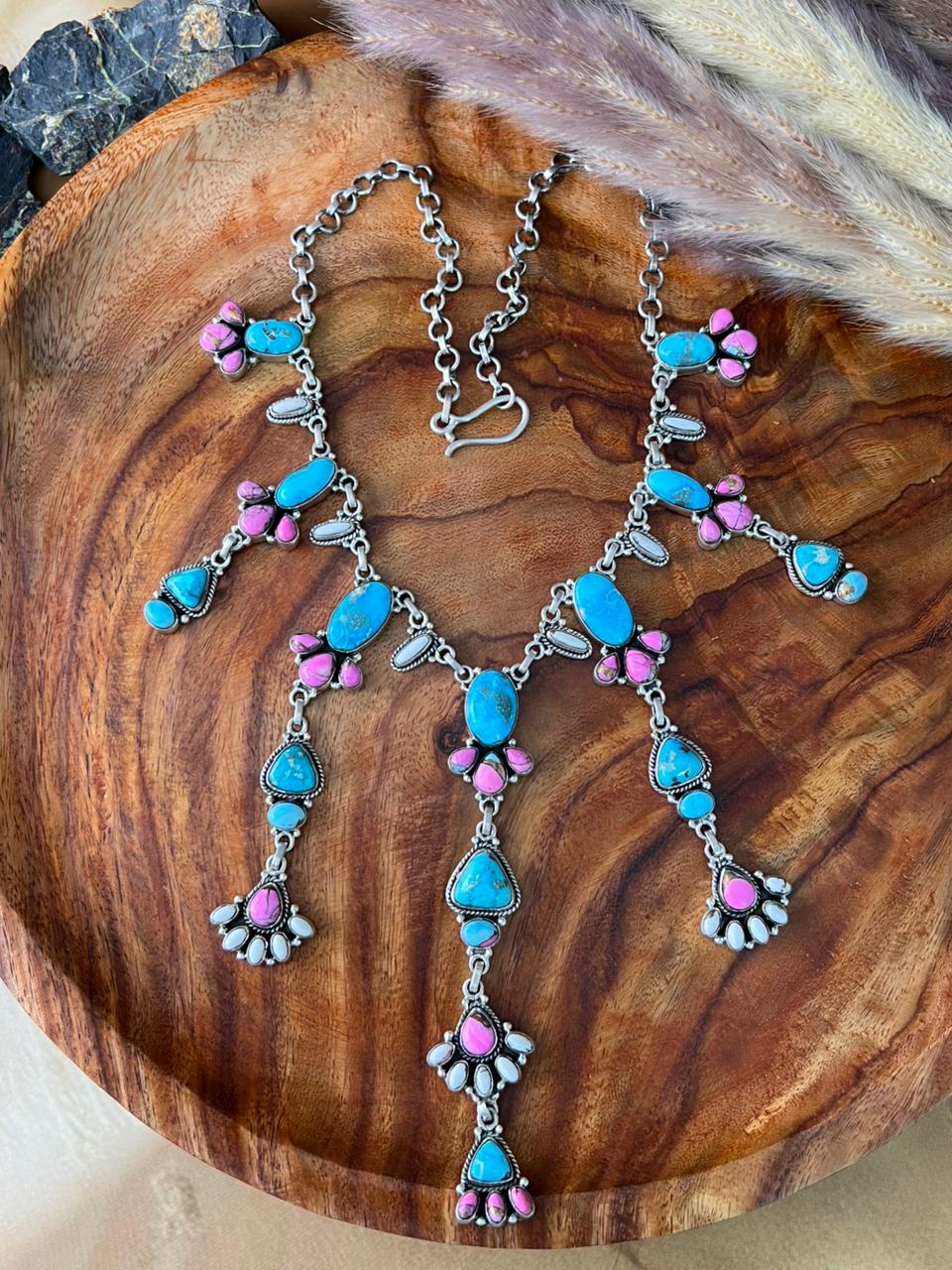 Handmade Sterling Silver Sierra Bella Turquoise with Cotton Candy Collection: Necklace "Signed Nizhoni"
