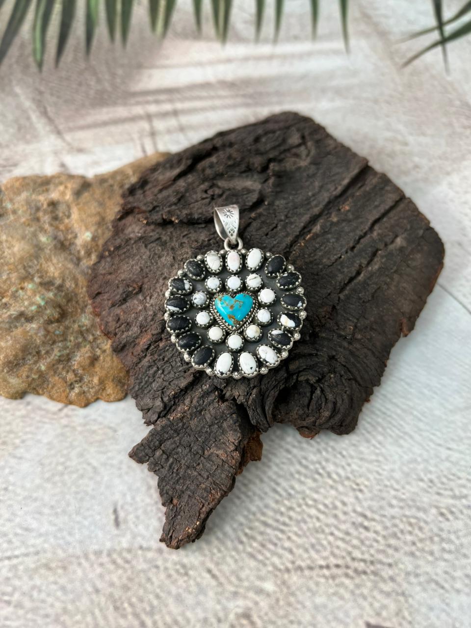 Handmade Sterling Silver Santa Maria Turquoise with White Buffalo Pendant "Signed Nizhoni"