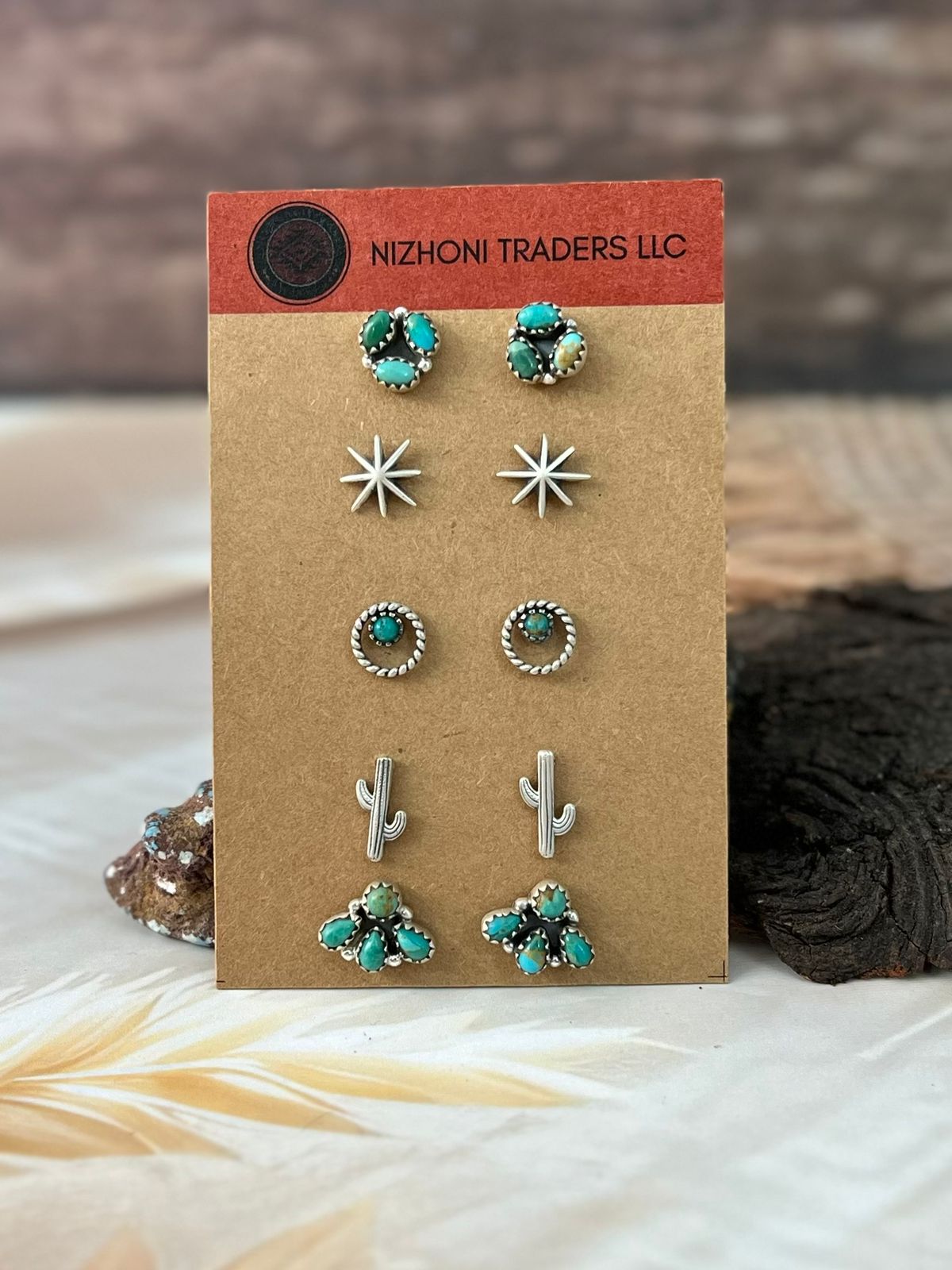 Handmade Sterling Silver Kingman Turquoise Post Studs Card Set