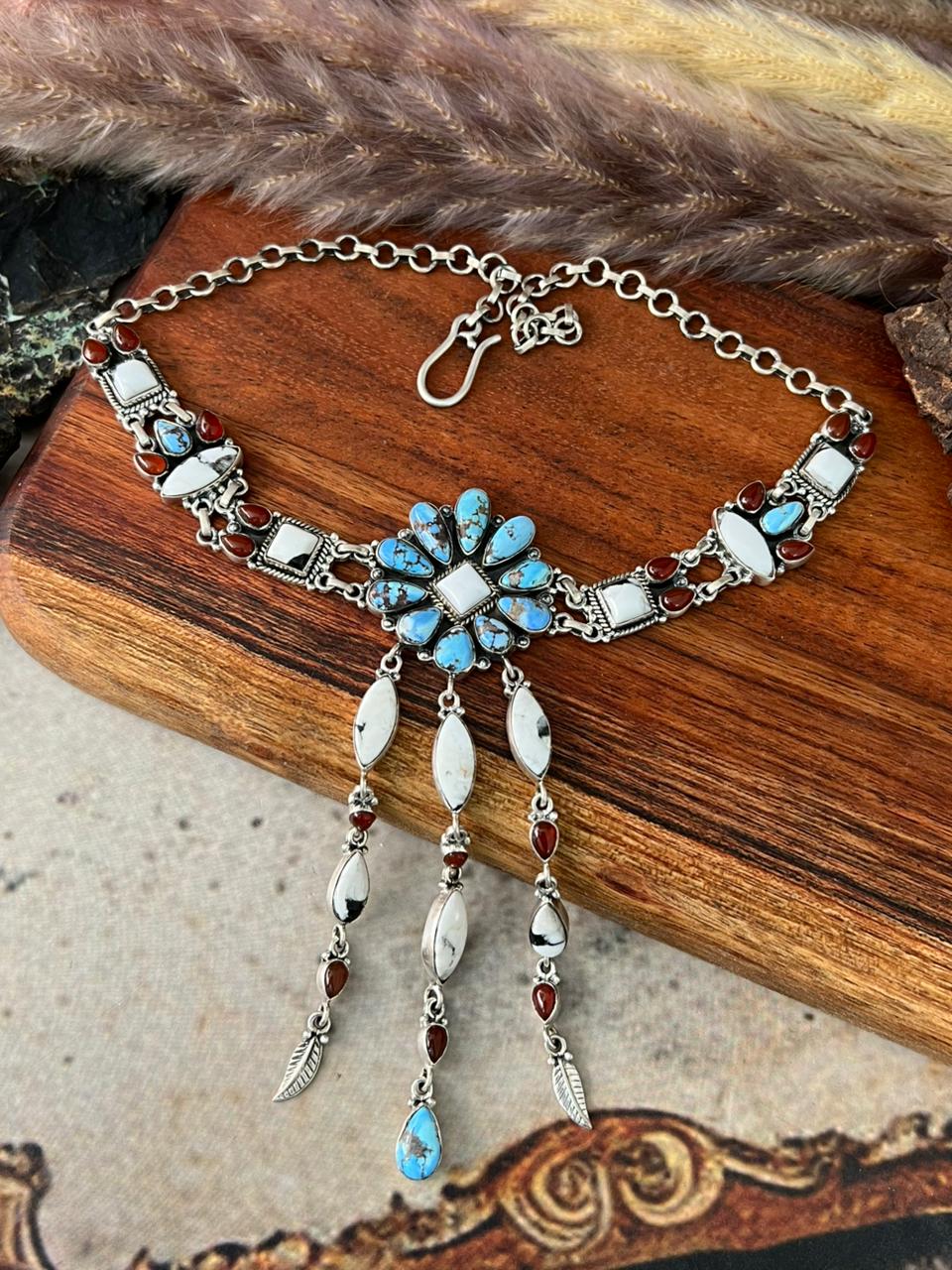Handmade Sterling Silver Canyon Sunset Collection: Golden Hills Turquoise with White Buffalo and Carnelian Choker Necklace "Signed Nizhoni"