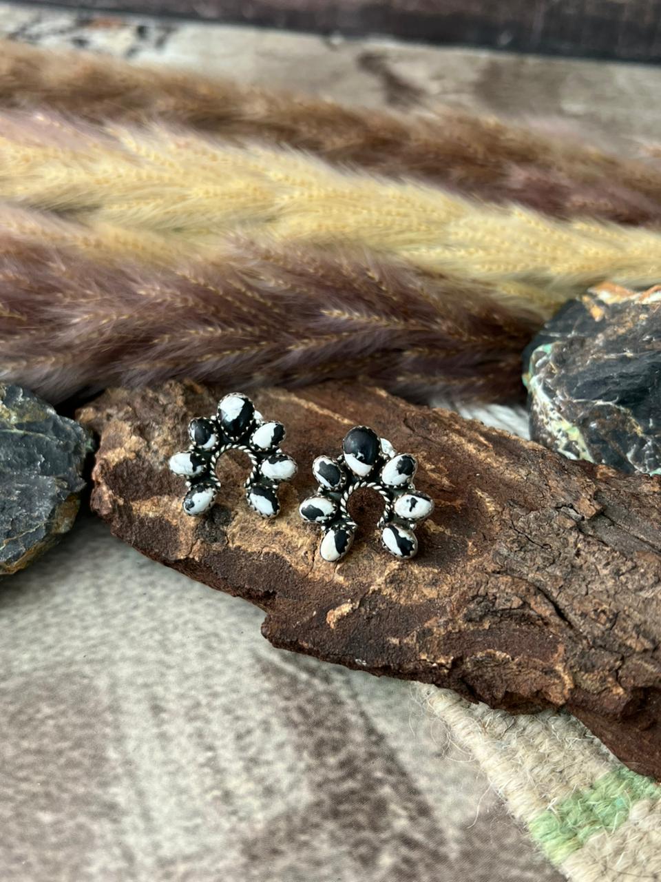 Handmade Sterling Silver White Buffalo Post Studs Earrings "Signed Nizhoni"