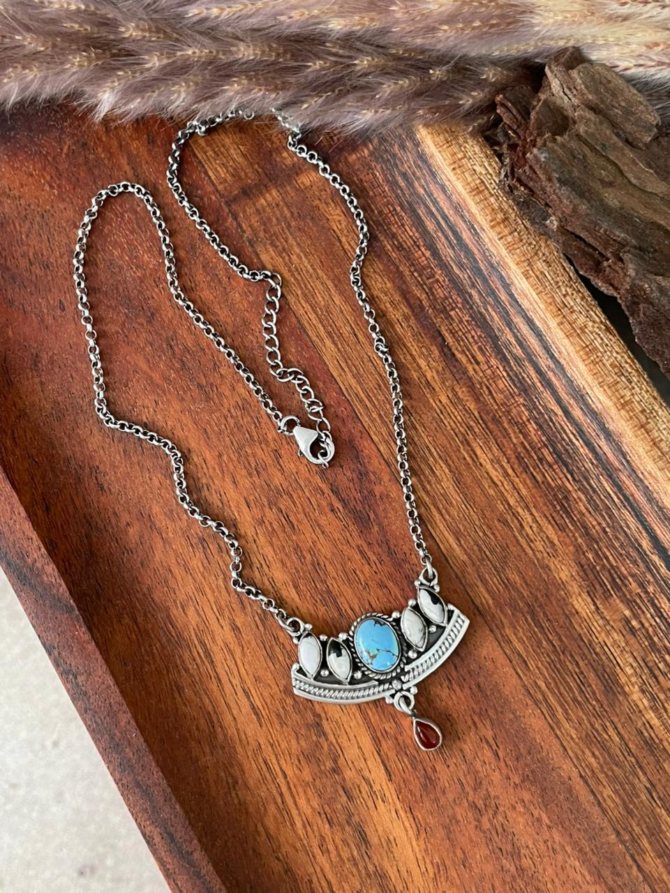 Handmade Sterling Silver Canyon Sunset Collection: Golden Hills Turquoise with White Buffalo and Carnelian Necklace "Signed Nizhoni" (7)