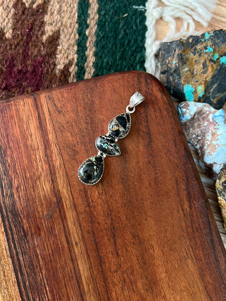 Handmade Sterling Silver Blackjack Turquoise Pendant "Signed Nizhoni"