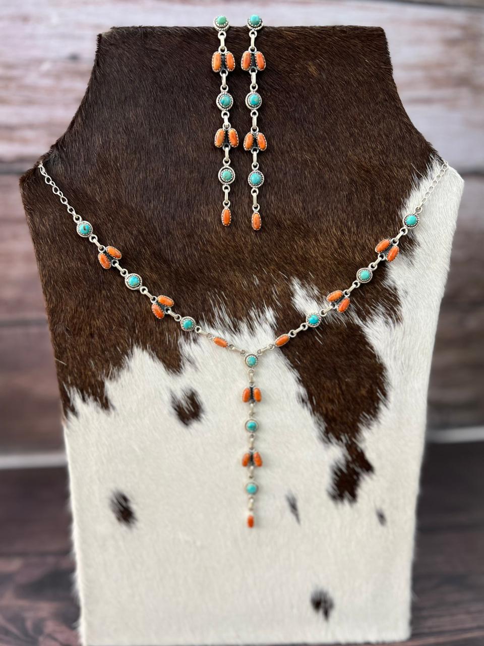 Handmade Sterling Silver Orange Mojave with Kingman Turquoise Necklace Earrings Set "Signed Nizhoni"