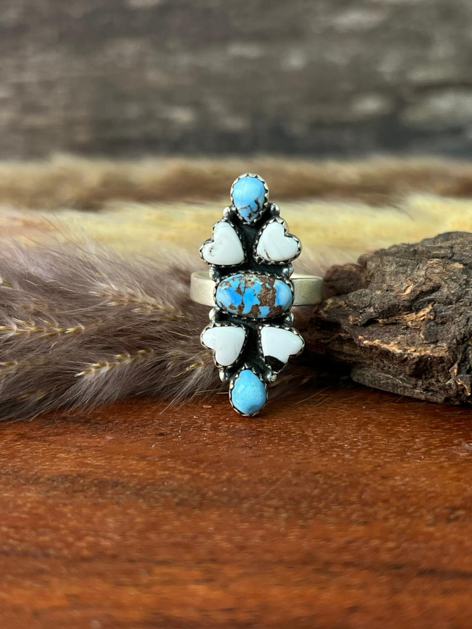 Handmade Sterling Silver Canyon Sunset Collection: Golden Hills Turquoise with White Buffalo Adjustable Ring "Signed Nizhoni"