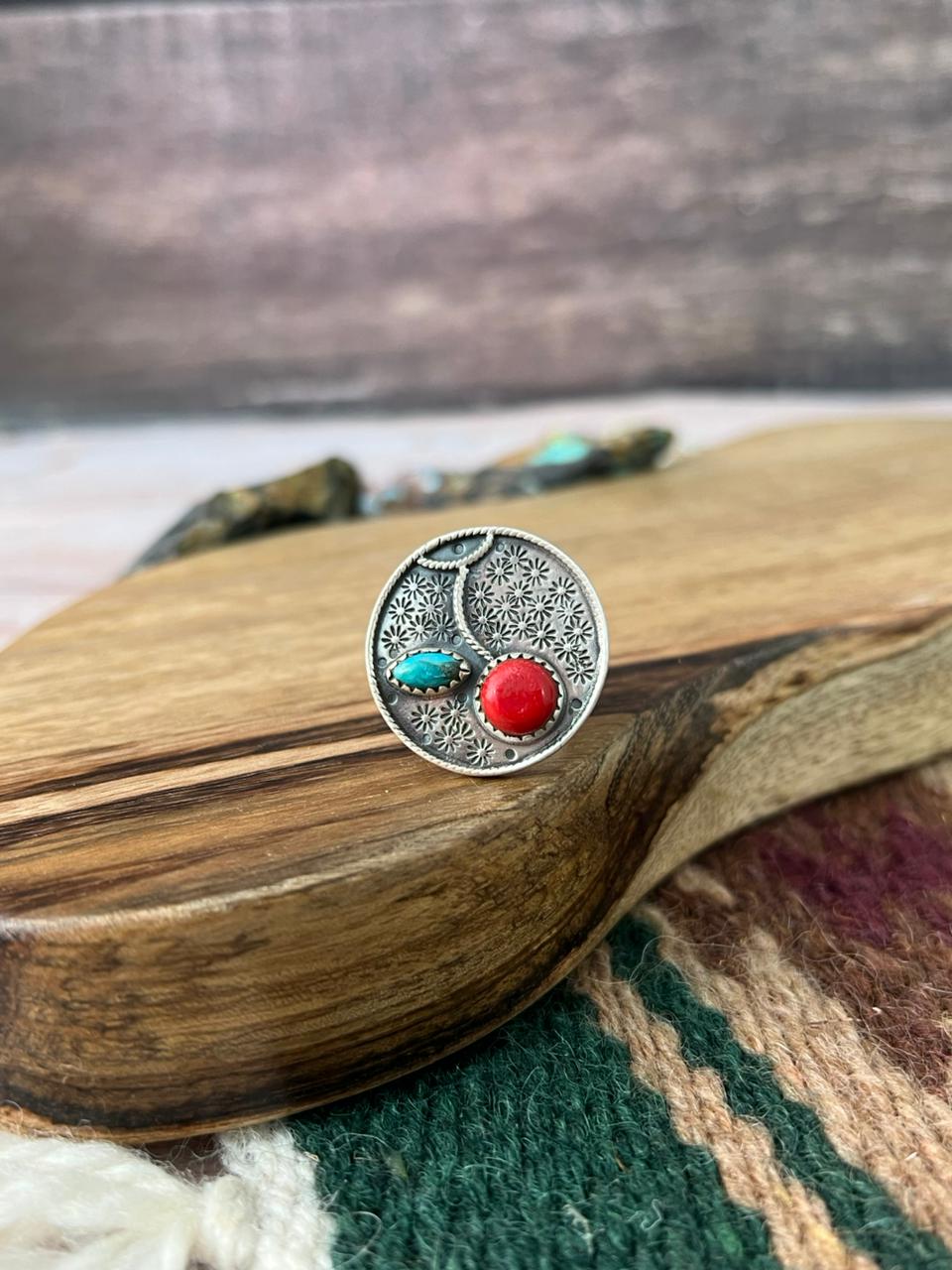 Handmade Sterling Silver Rosarita with Kingman Turquoise Cherry Adjustable Ring "Signed Nizhoni"