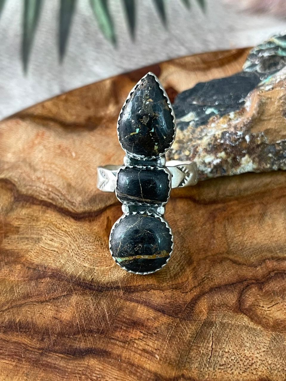 Handmade Sterling Silver Blackjack Turquoise Adjustable Ring "Signed Nizhoni"