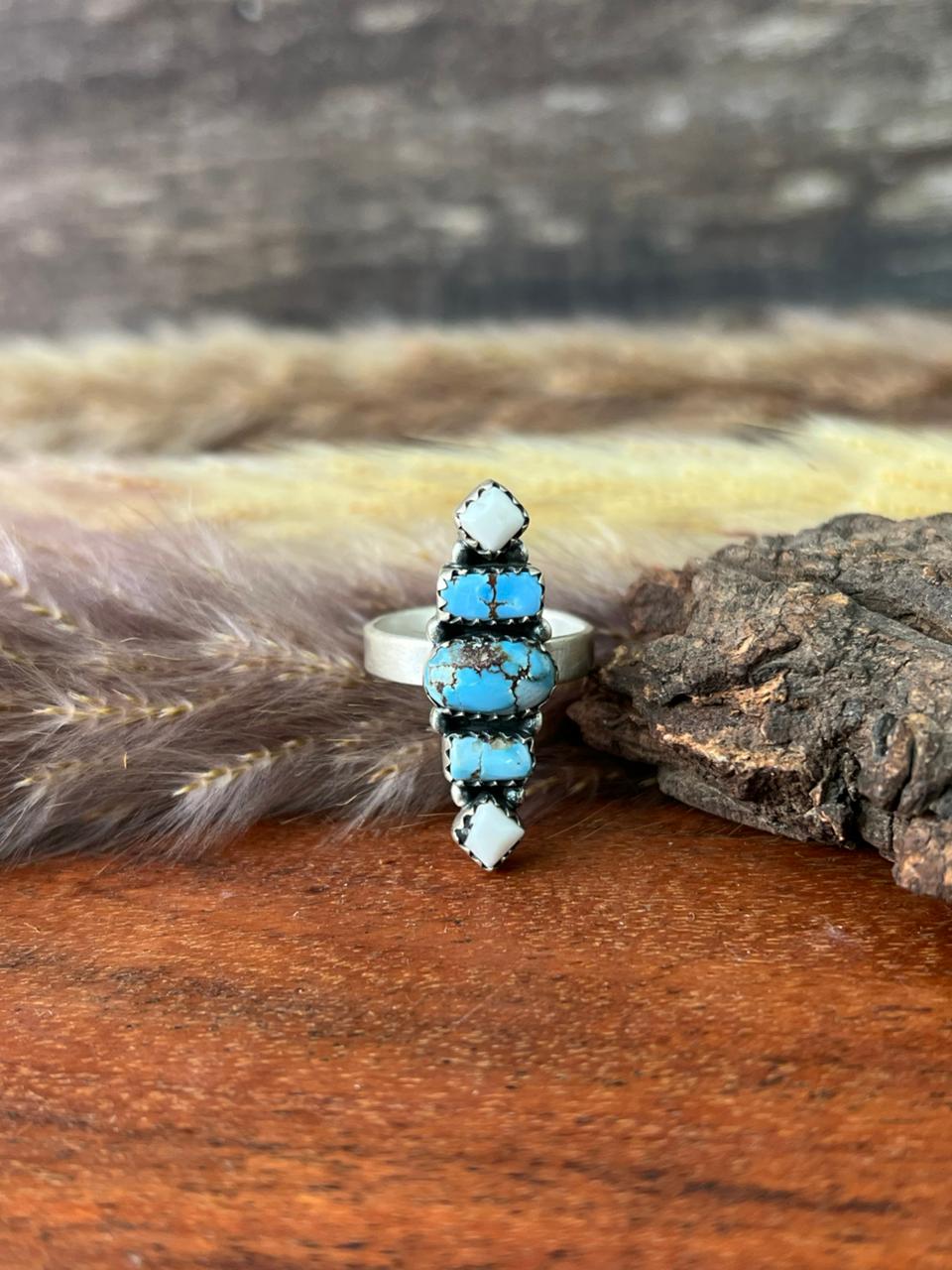 Handmade Sterling Silver Canyon Sunset Collection: Golden Hills Turquoise with White Buffalo Adjustable Ring "Signed Nizhoni"