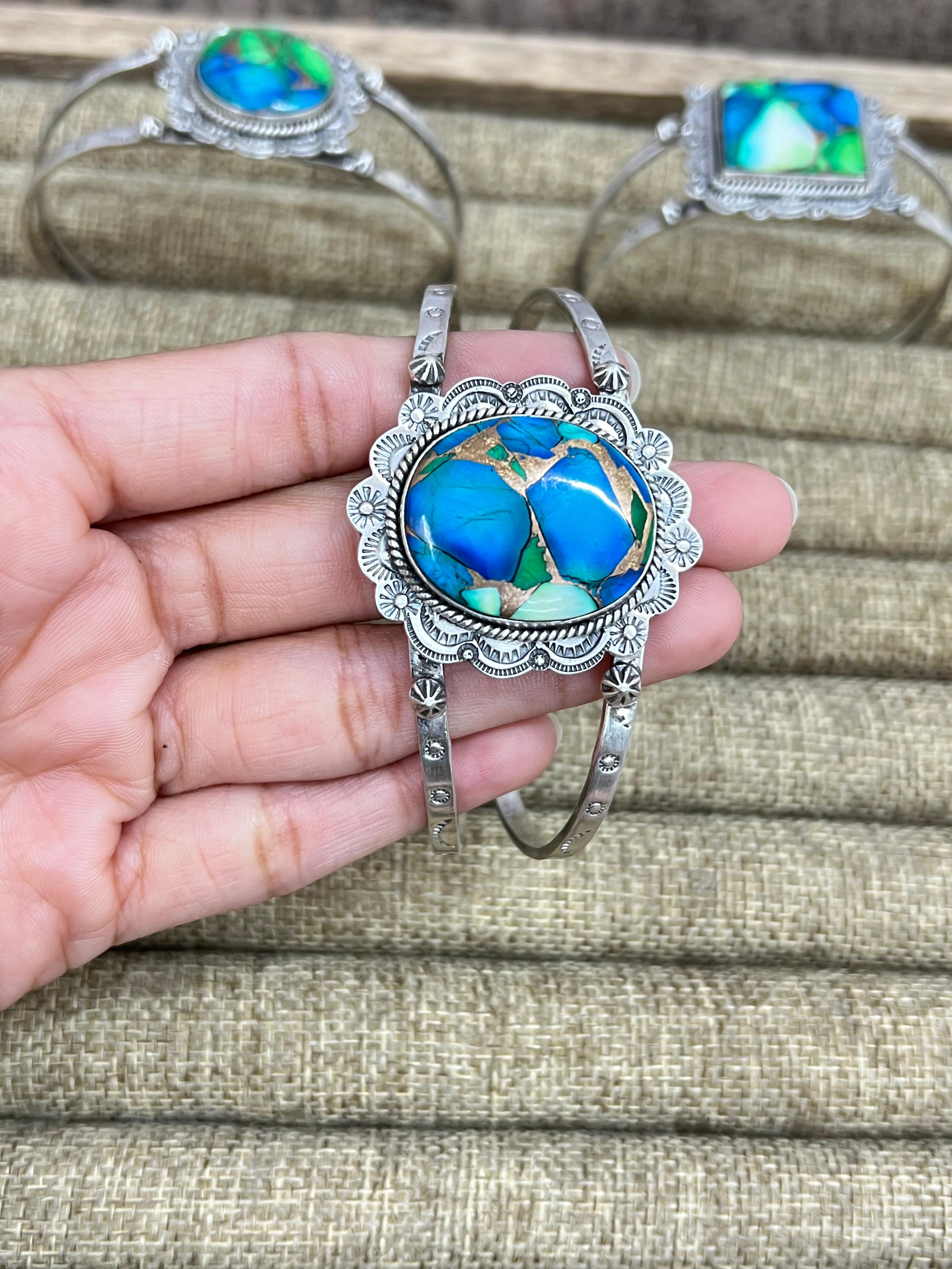 Handmade Sterling Silver Peacock Dahlia Cuff Bracelet with Signed Nizhoni