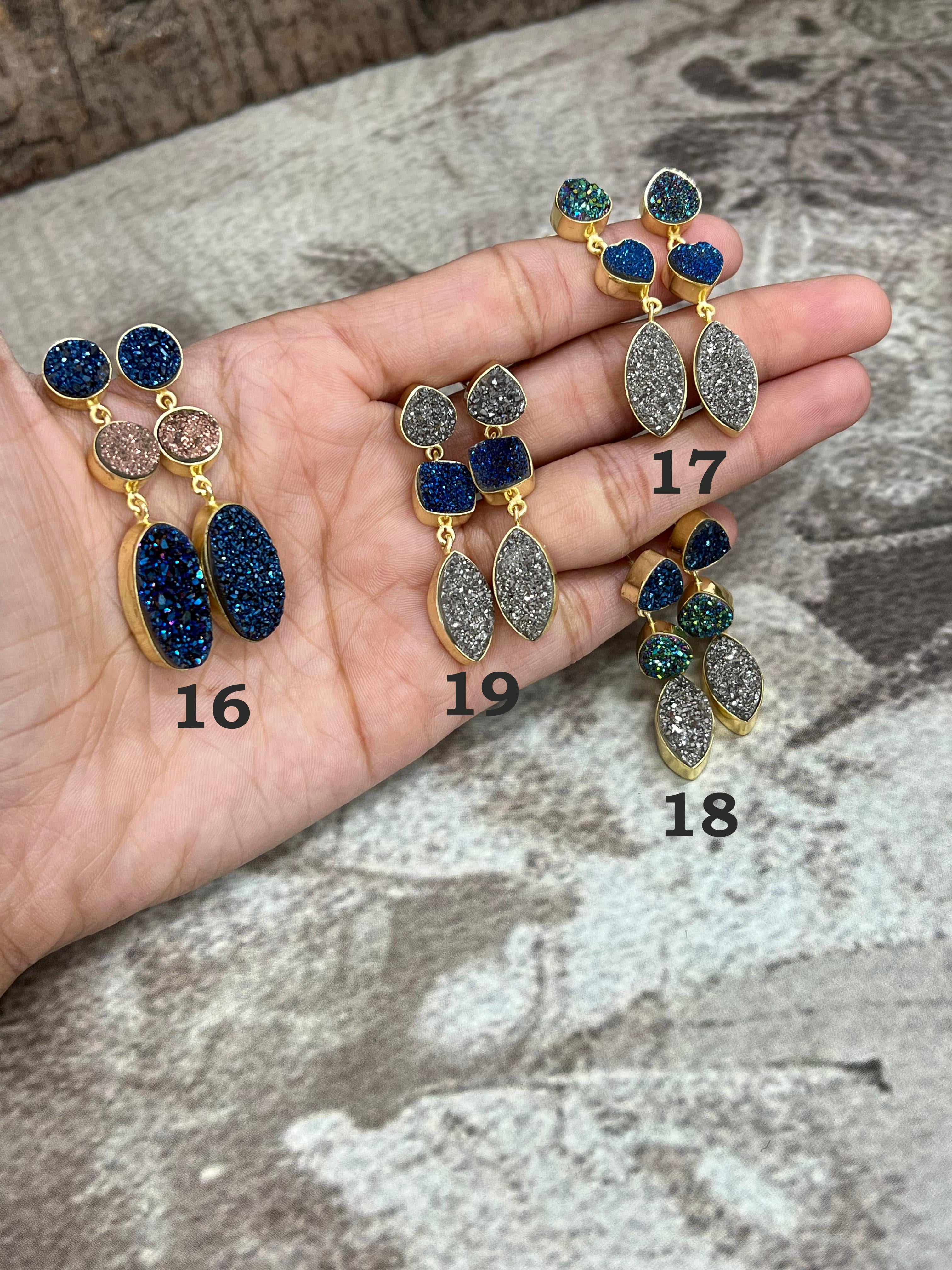 “The Boho Collection” Handmade Natural 3 Stone Druzy Post Dangle Earrings